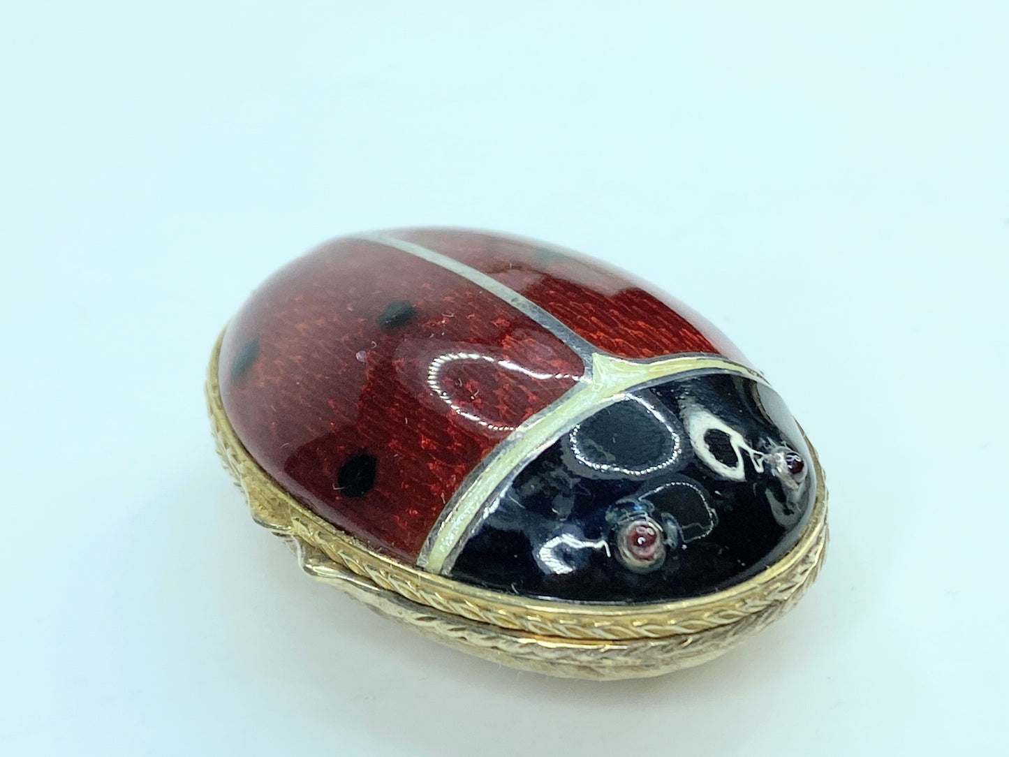 Sterling Enamel Tourmaline eyes Lady Bug gold wash locket pill box 2 7/8" SS88