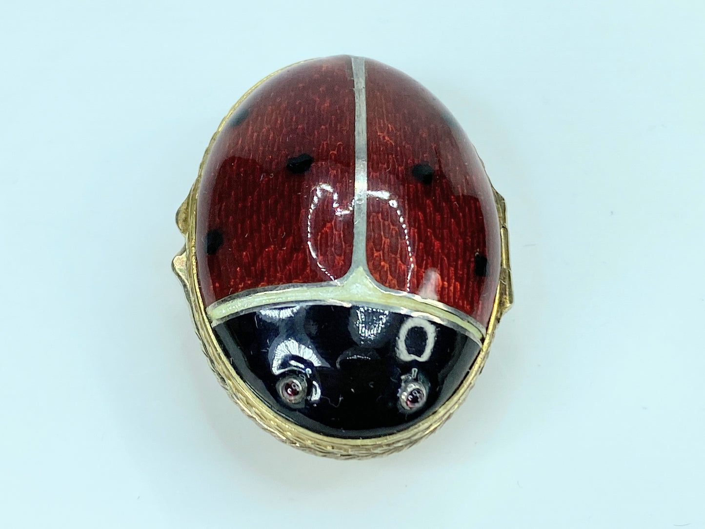 Sterling Enamel Tourmaline eyes Lady Bug gold wash locket pill box 2 7/8" SS88