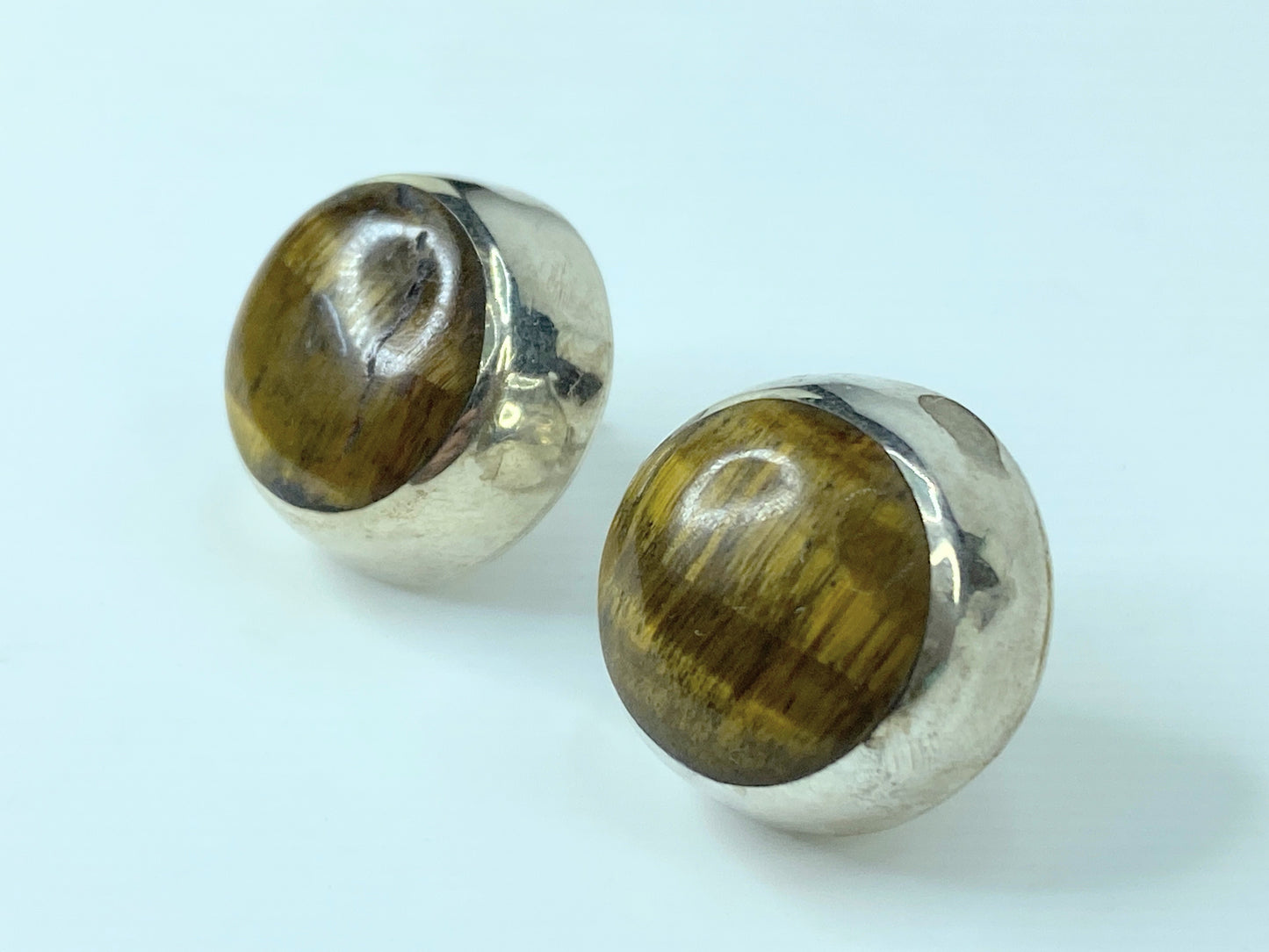 Sterling silver 925 Tiger Eye Button stud earrings Mexico 20.6mm 17.5g JR801