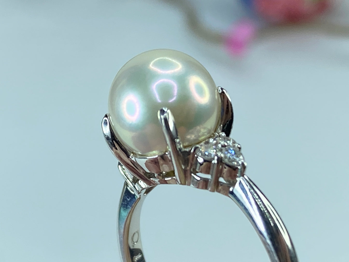 Platinum 9.1mm Cultured Pearl 0.16ct G//VS Diamond statement ring s6.25 JR272