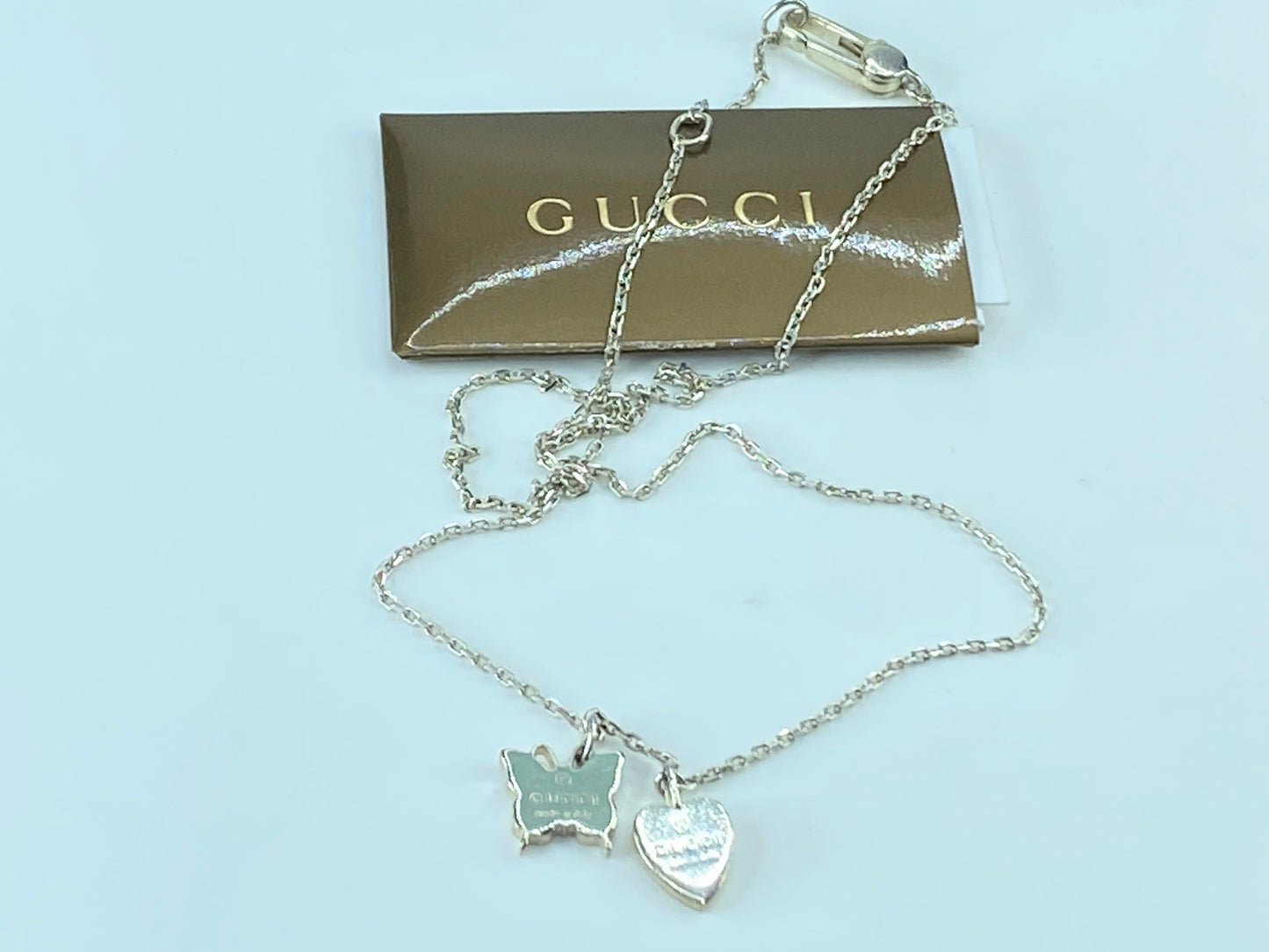 Vintage Authentic Gucci Butterfly Heart Necklace Italy w Dust Bag 7.2g 18" GS329