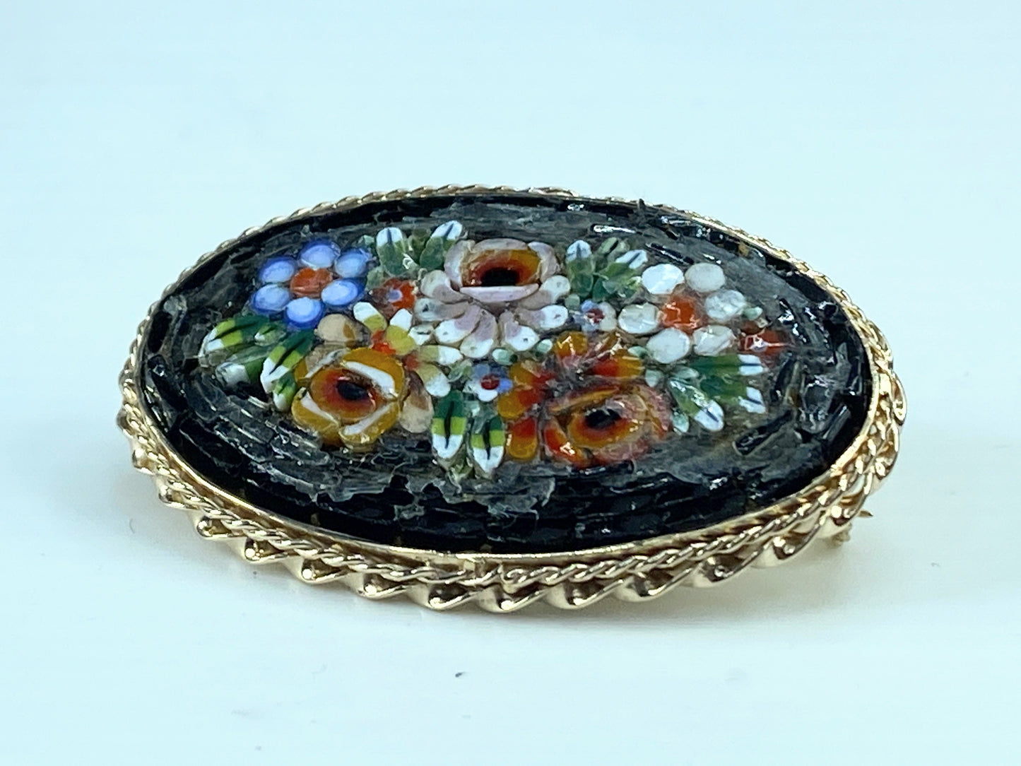 Art Deco 14K yellow gold oval multicolor flower mosaic pin brooch 17.2g JR279