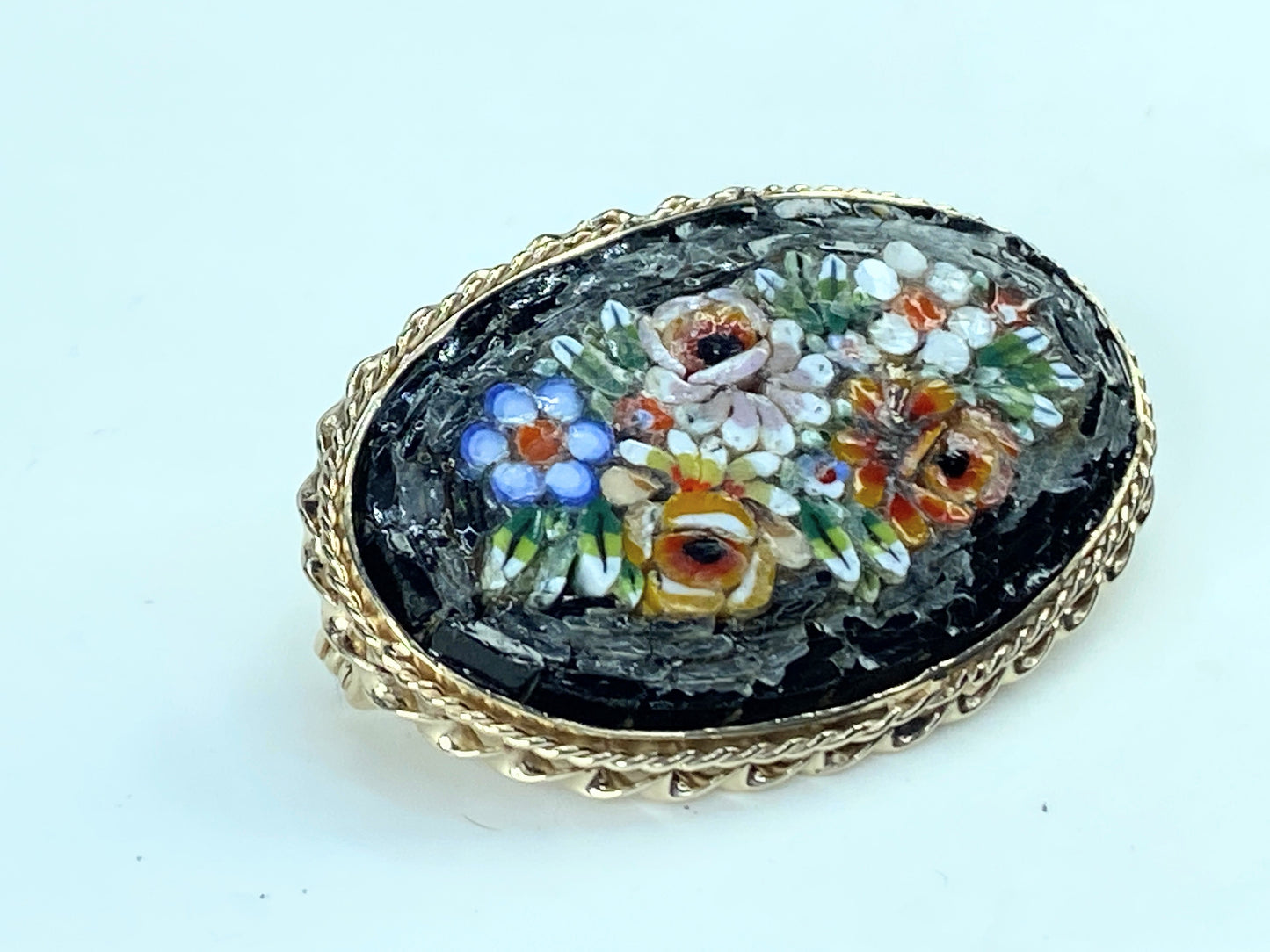 Art Deco 14K yellow gold oval multicolor flower mosaic pin brooch 17.2g JR279