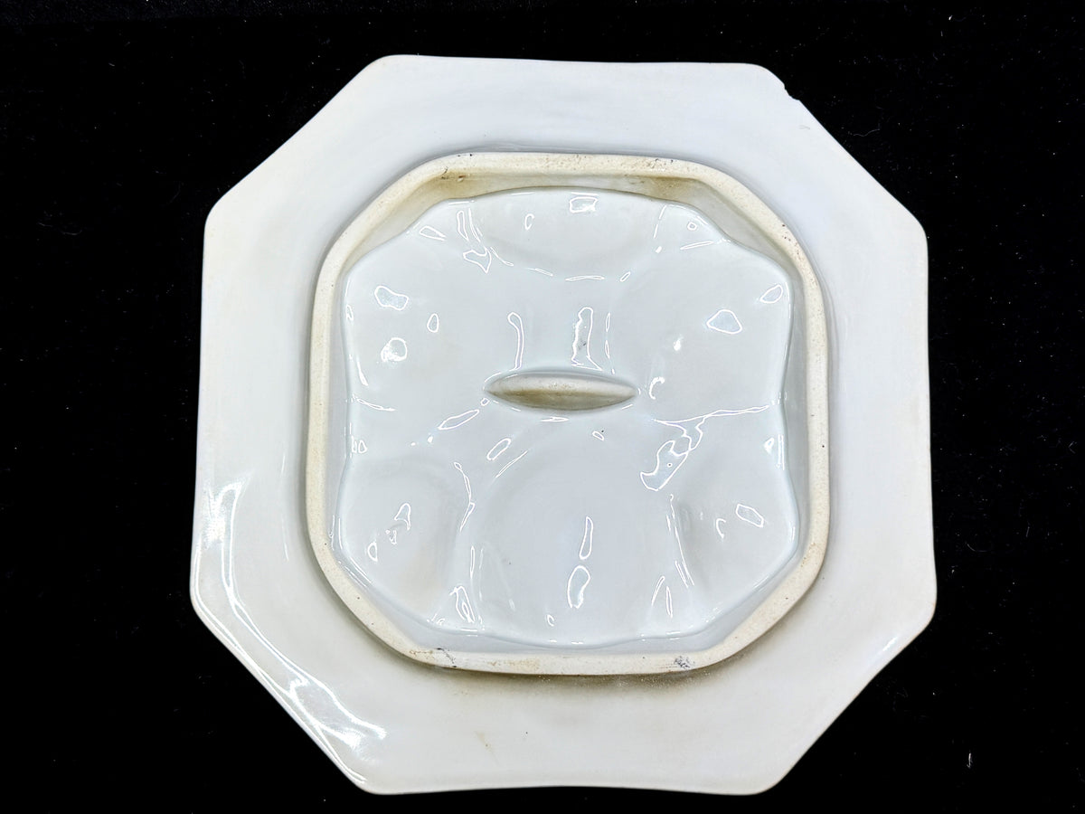 Antique Porcelain Oyster Plate Pink White 5 Wells Lemon Well Octagonal A1230
