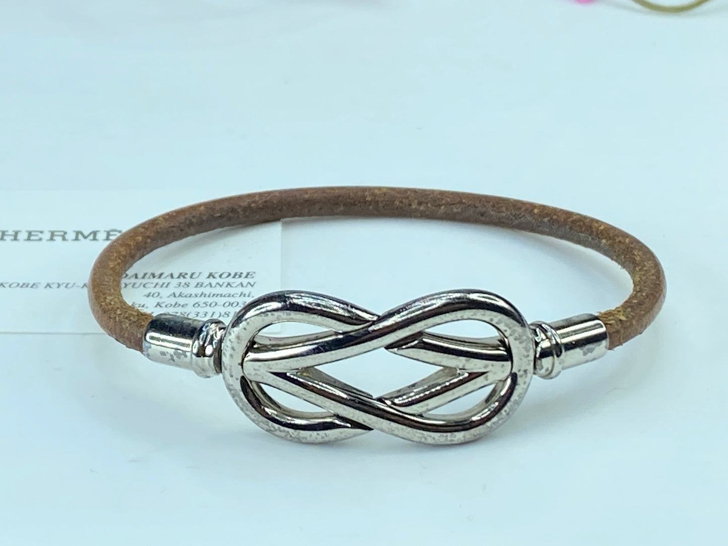 HERMES Attamed Bracelet Leather Silver tone 12.8g 6.5" GS337
