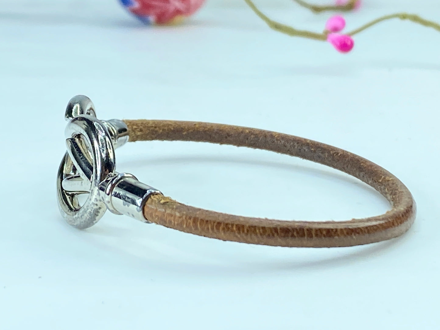 HERMES Attamed Bracelet Leather Silver tone 12.8g 6.5" GS337