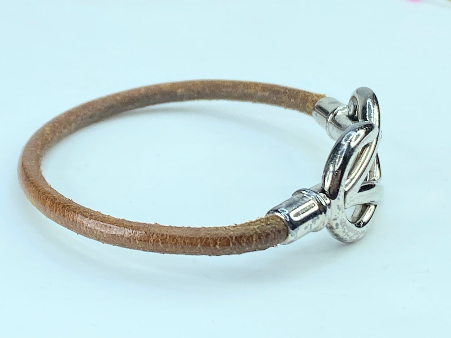 HERMES Attamed Bracelet Leather Silver tone 12.8g 6.5" GS337