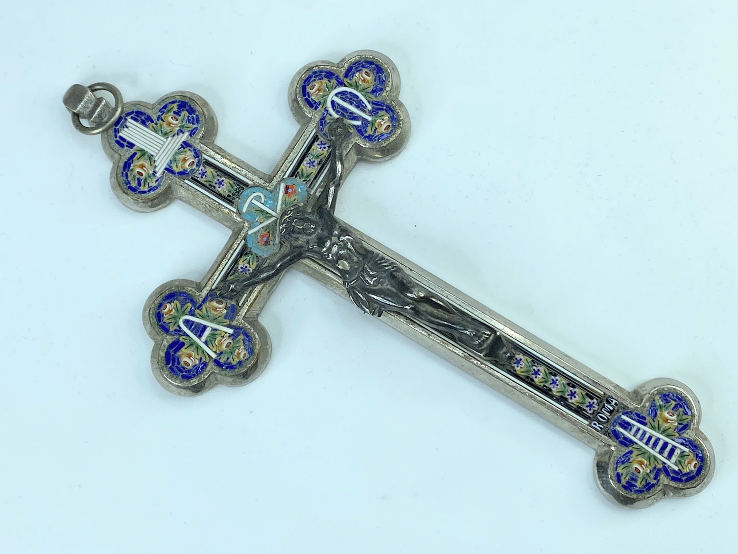 Huge Art Deco Italy signed ROMA micro mosaic metal Cross Crucifix 6" 99.5g SS29