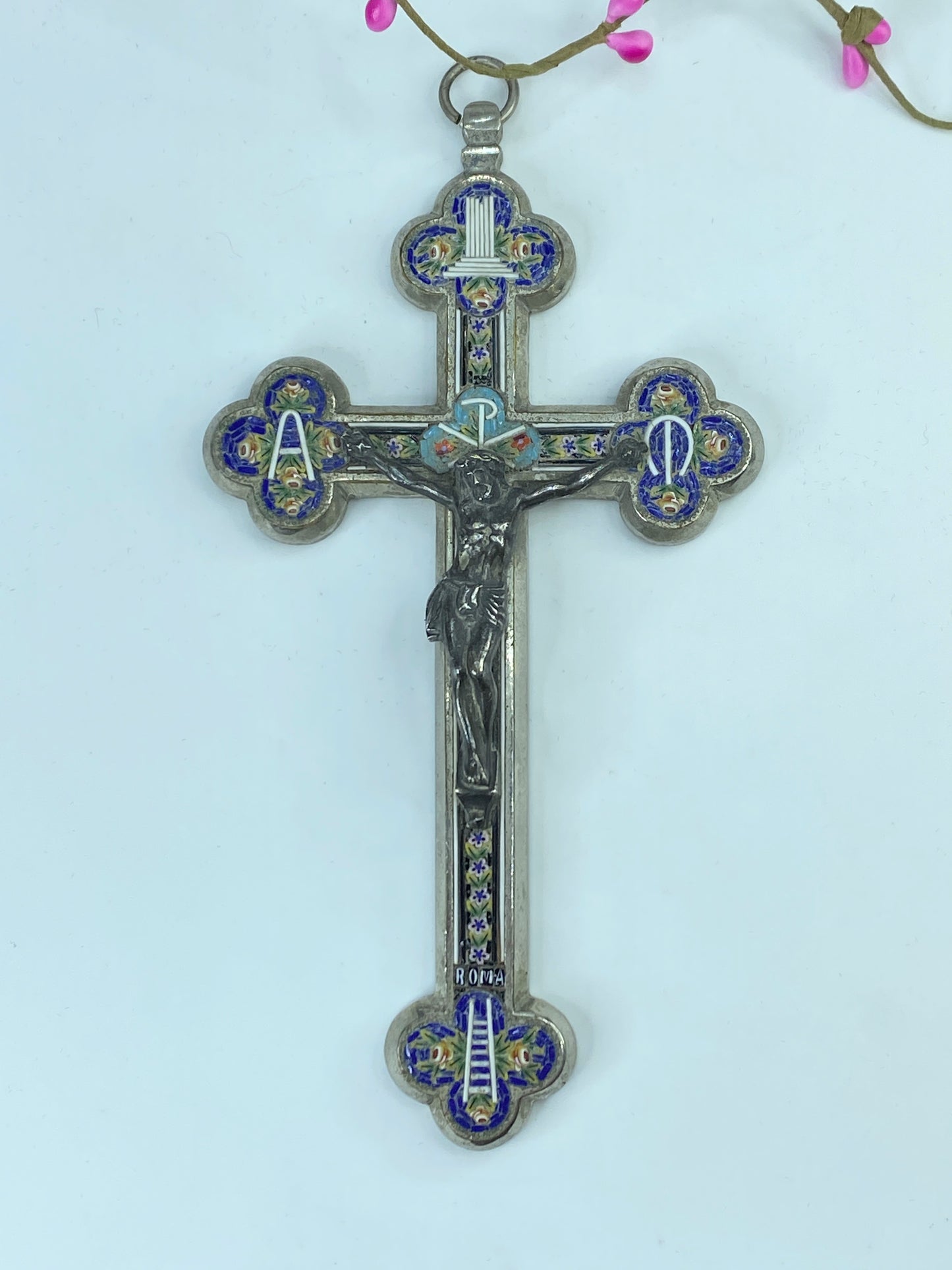 Huge Art Deco Italy signed ROMA micro mosaic metal Cross Crucifix 6" 99.5g SS29