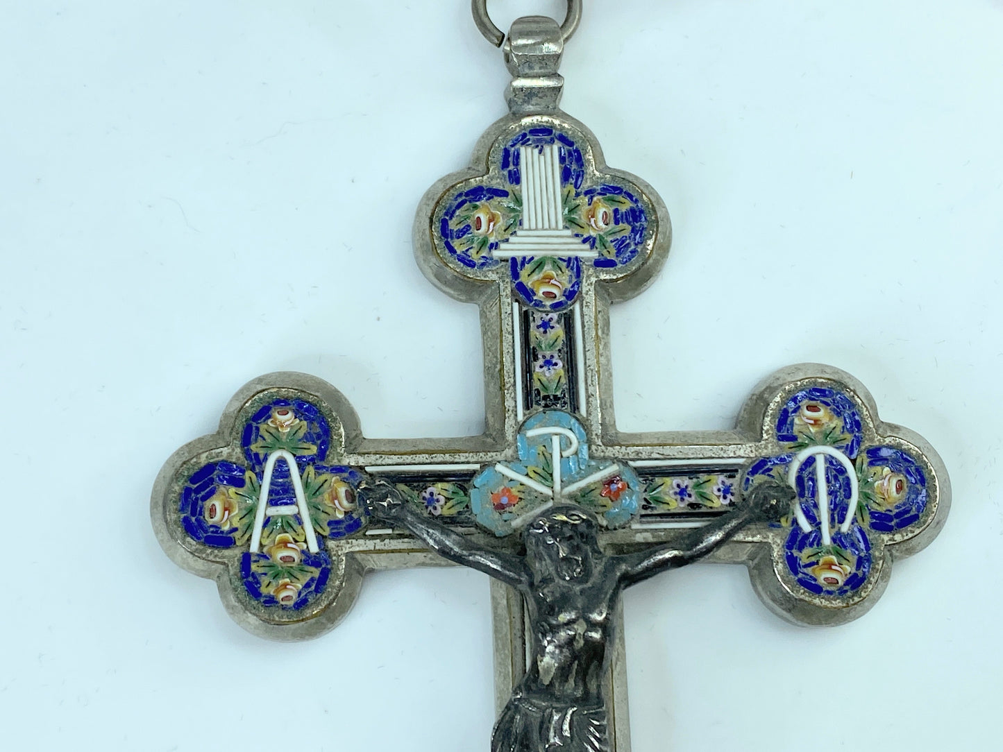 Huge Art Deco Italy signed ROMA micro mosaic metal Cross Crucifix 6" 99.5g SS29