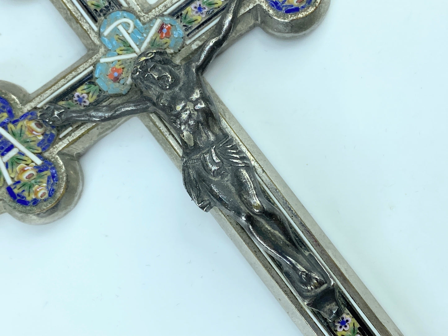 Huge Art Deco Italy signed ROMA micro mosaic metal Cross Crucifix 6" 99.5g SS29