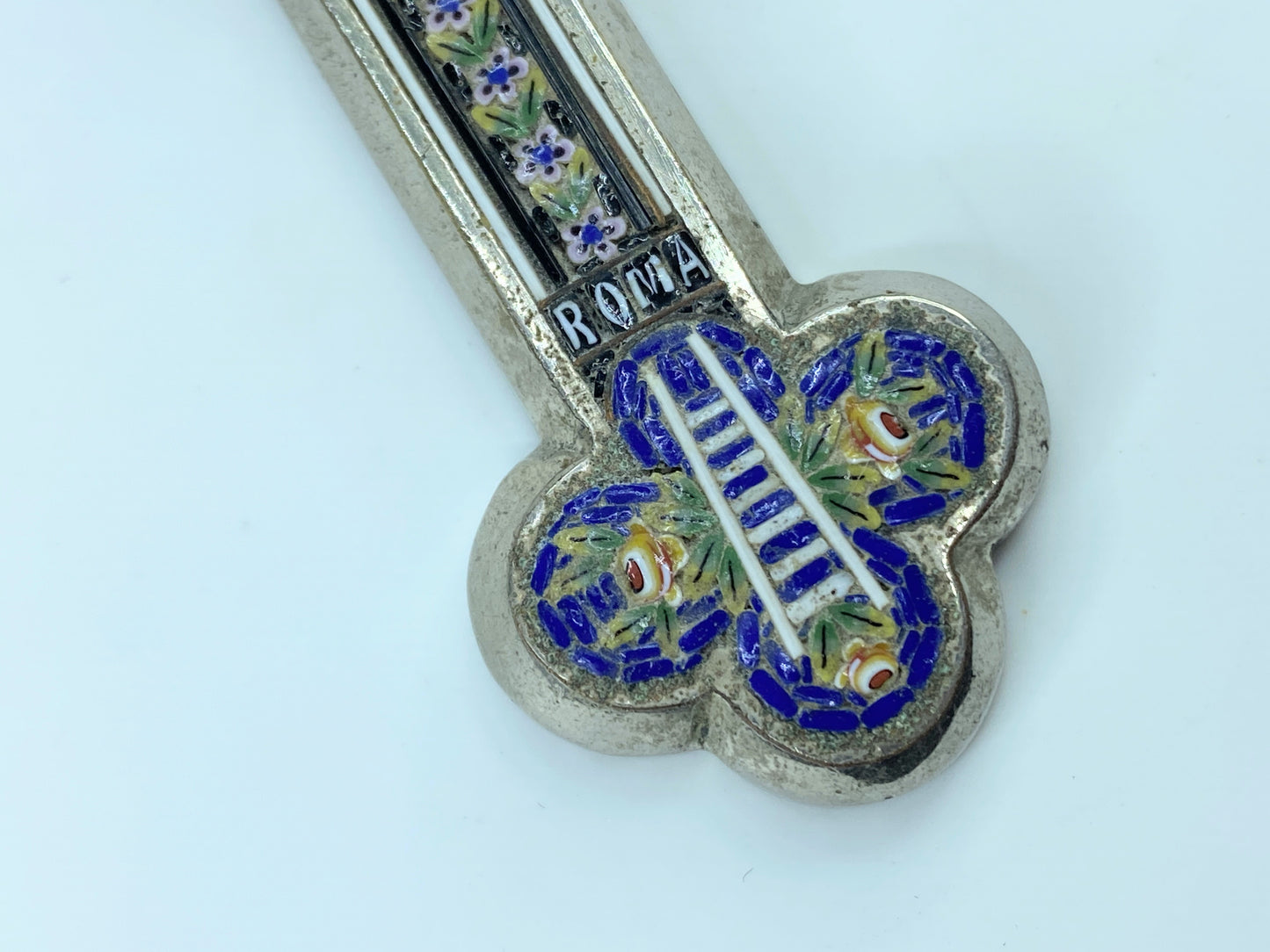 Huge Art Deco Italy signed ROMA micro mosaic metal Cross Crucifix 6" 99.5g SS29