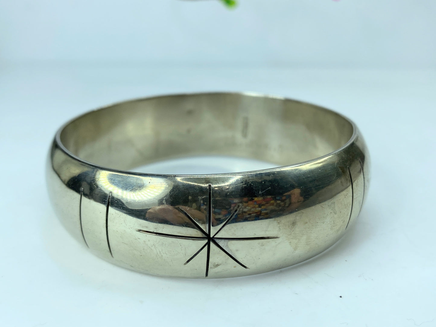 Starburst 1960s TA, Mexico 925 Sterling Silver 7.2mm slip on bangle 8.25" JR778