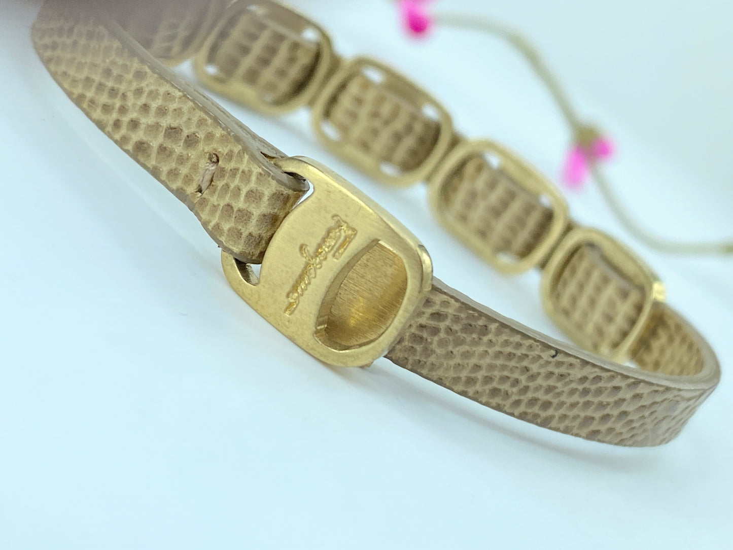 Salvatore Ferragamo Rare Vara Buckle Leather bracelet gold tone 7" GS385