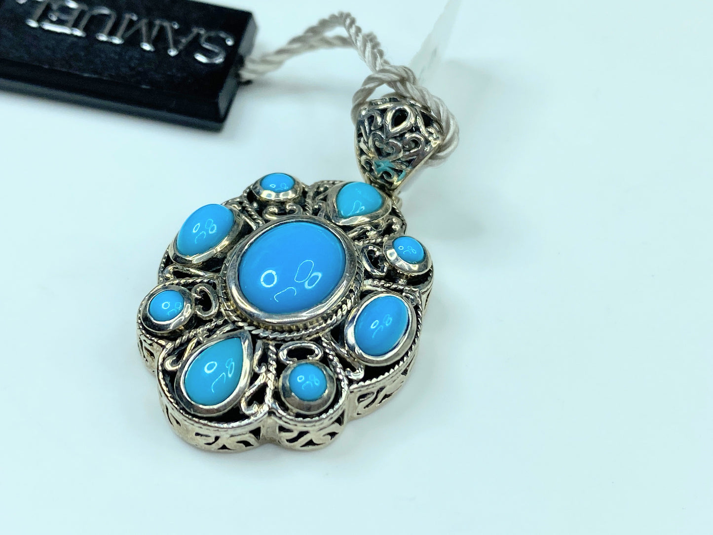 Artisan Samuel B Behnam Sleeping Beauty Turquoise Scrollwork Pendant NWT JR793