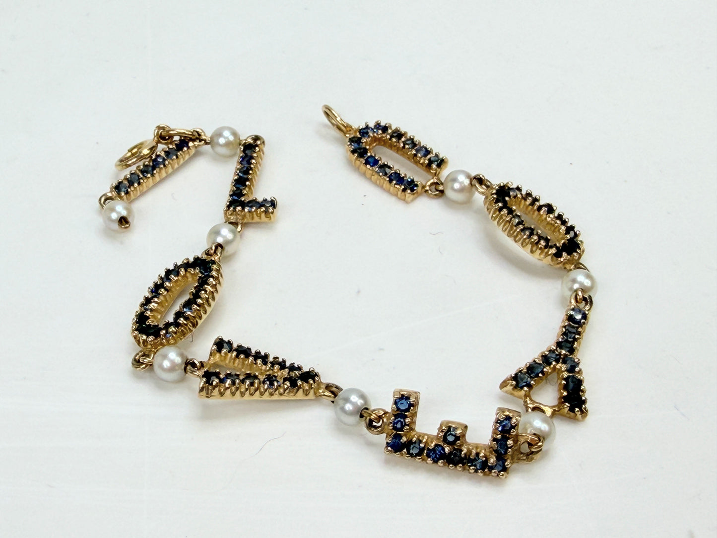 Vintage 14K Gold Sapphire Pearl I-LOVE-YOU Link Bracelet 7.5" 9.7g