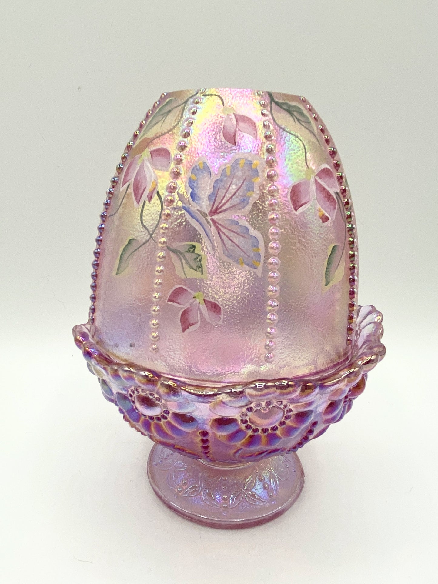 Fenton Pink Iridescent Hand Painted Fairy Lamp Beaded with Daisies Large A133