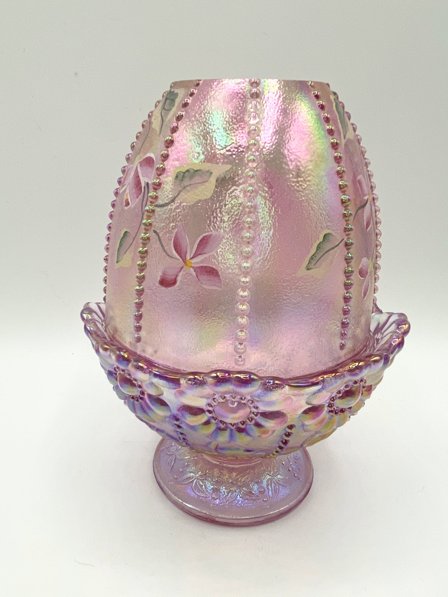 Fenton Pink Iridescent Hand Painted Fairy Lamp Beaded with Daisies Large A133