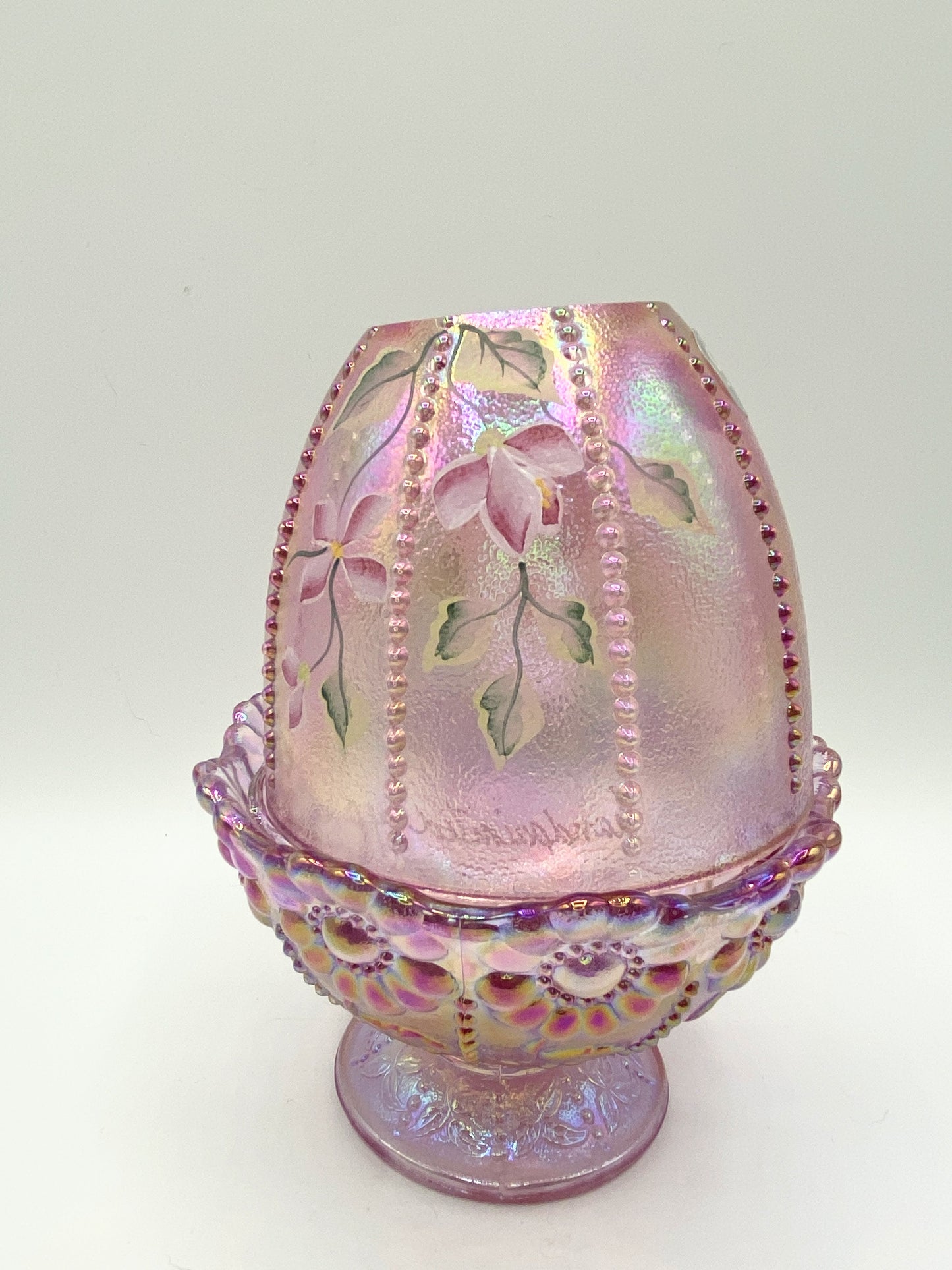 Fenton Pink Iridescent Hand Painted Fairy Lamp Beaded with Daisies Large A133