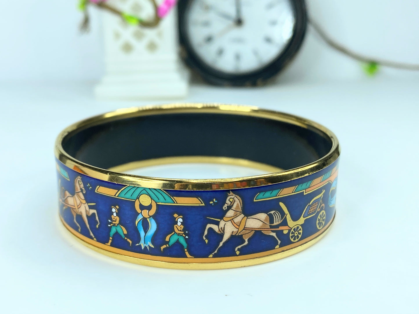 Hermès Horse and Carriage Equestrian 18mm Wide Enamel Bangle 7.5" GS563