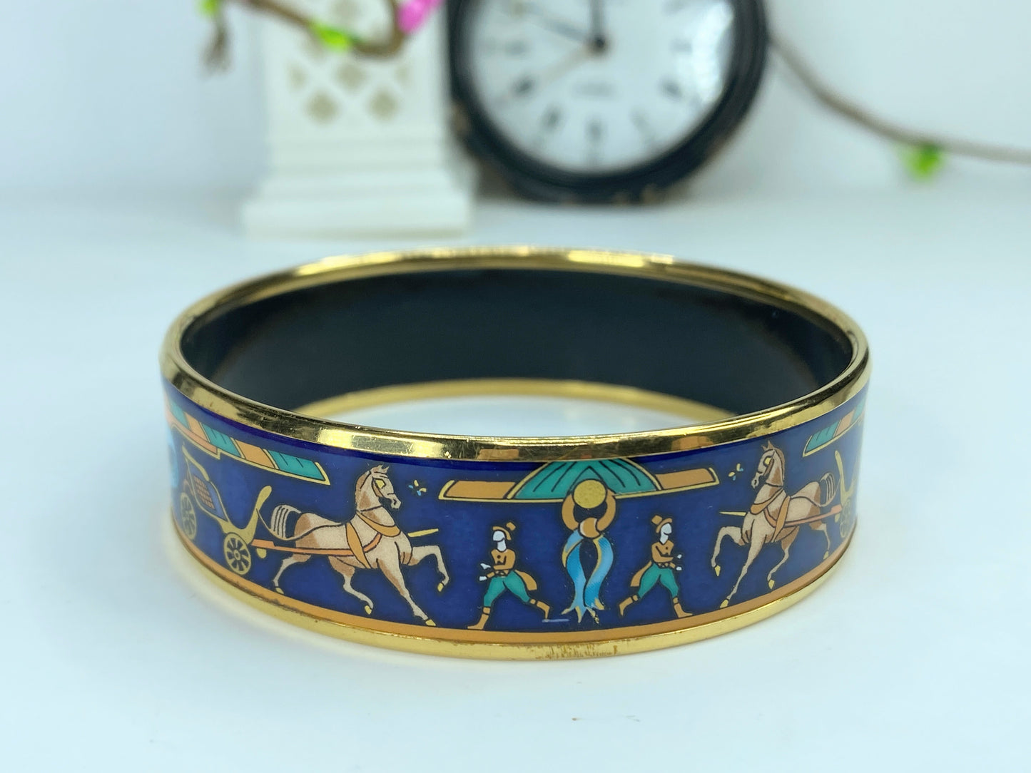 Hermès Horse and Carriage Equestrian 18mm Wide Enamel Bangle 7.5" GS563