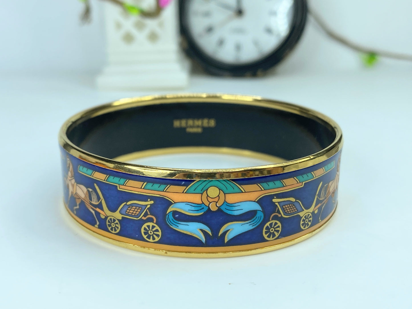 Hermès Horse and Carriage Equestrian 18mm Wide Enamel Bangle 7.5" GS563