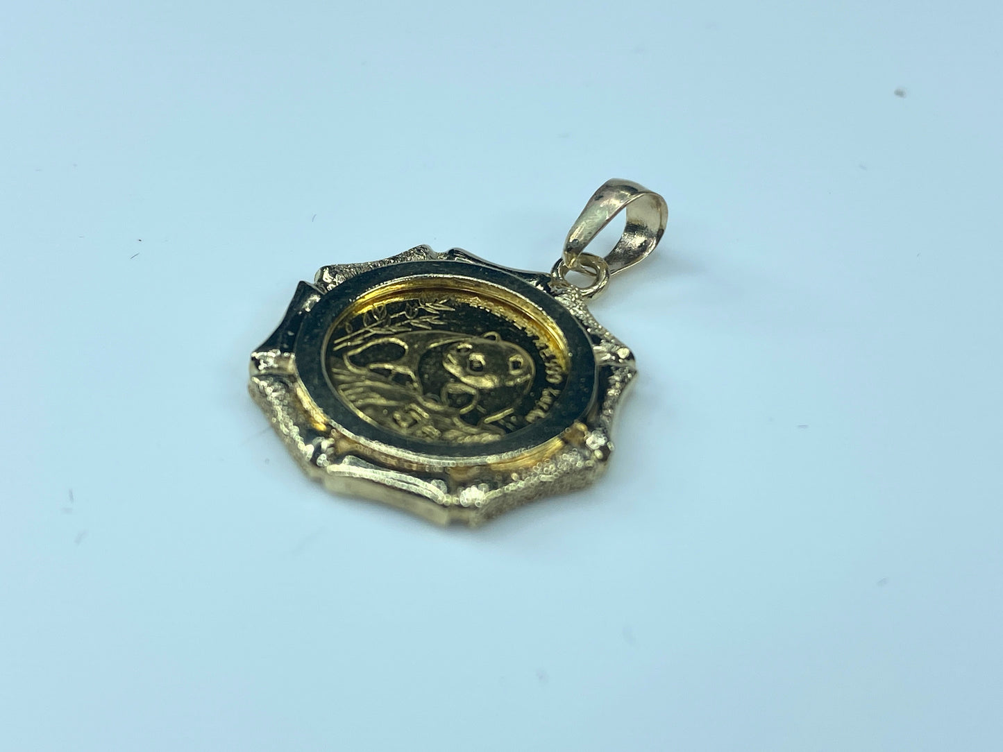 c1980 $5.0 1/20 oz 999.0 Panda coin in 14K Bamboo bezel