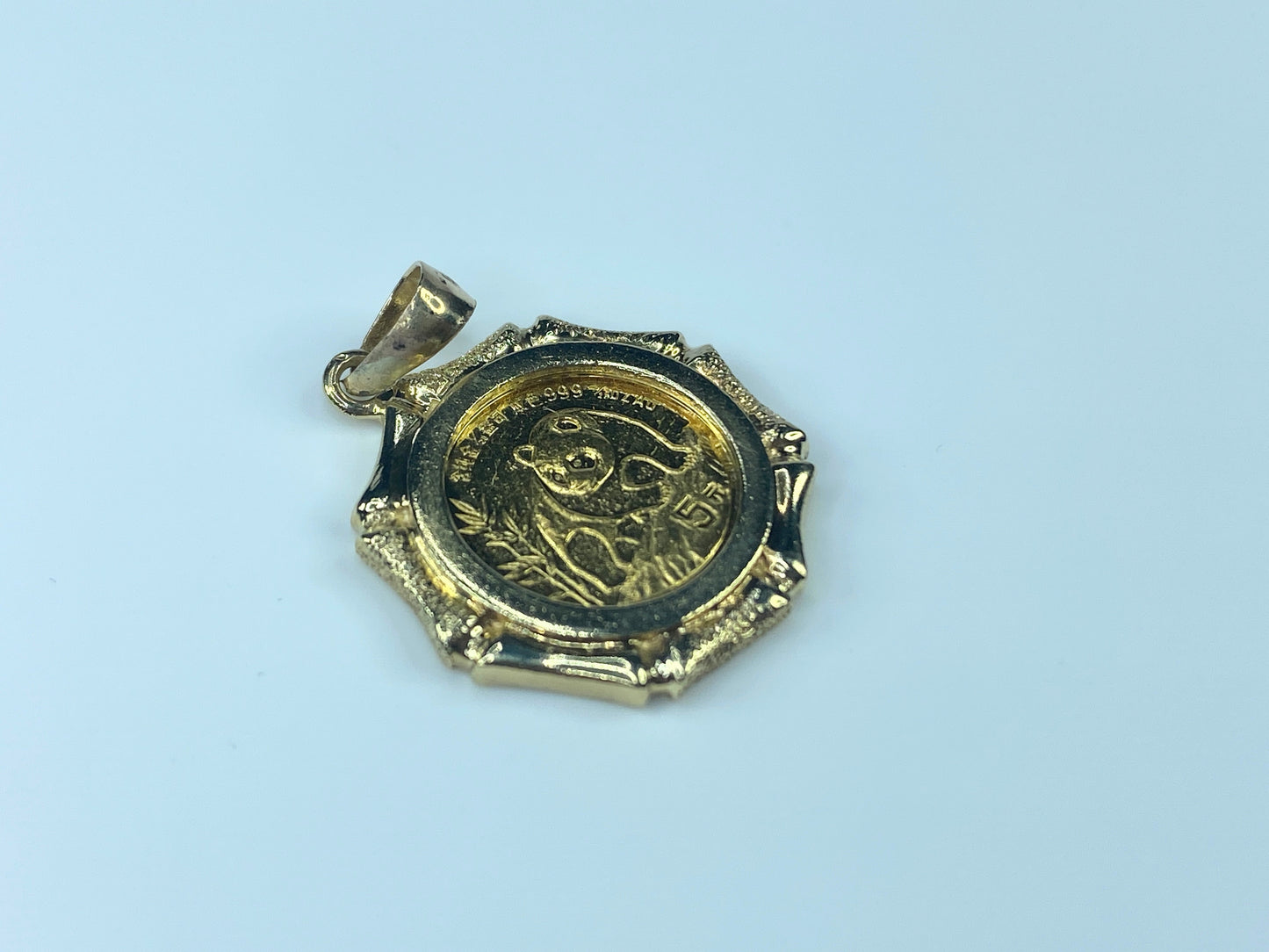 c1980 $5.0 1/20 oz 999.0 Panda coin in 14K Bamboo bezel