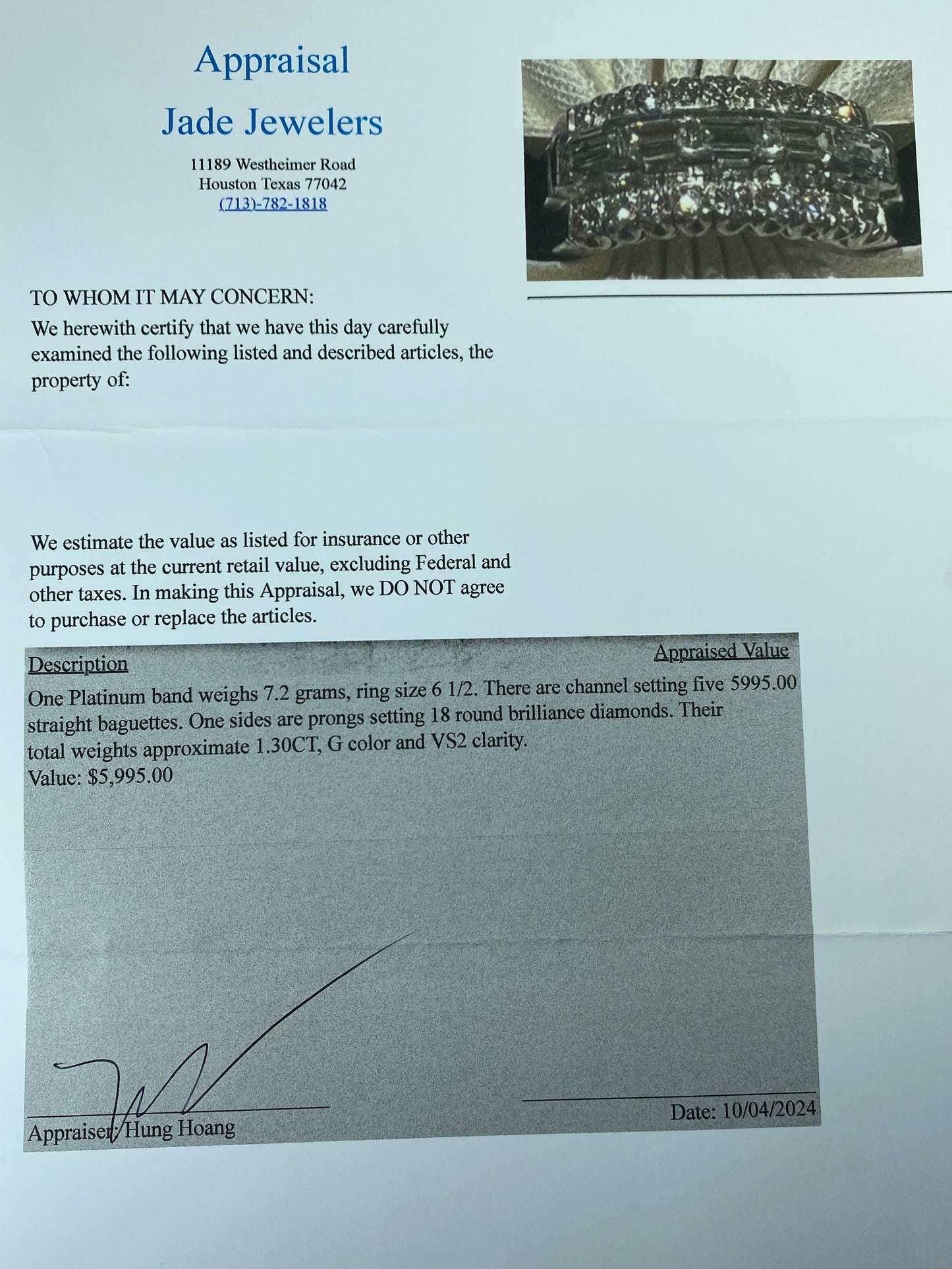 Apprised $5,995 Platinum 1.3ct G/VS2 baguette/round Diamond ring 7.2g s6.5 JR217