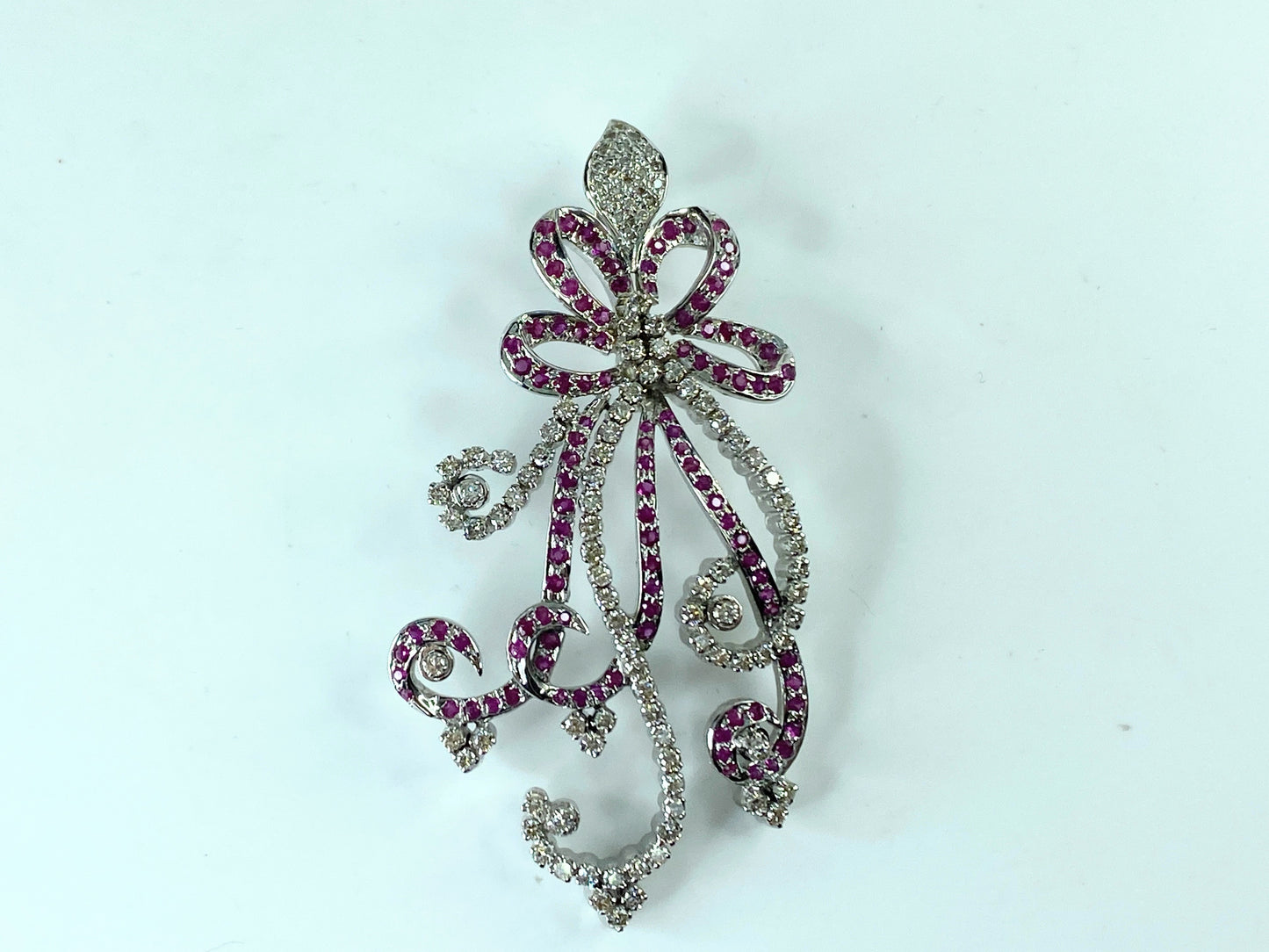 Appraised $12,9985 14K gold 8.0ct Ruby Diamond Ribbon Flower spray pendant JR218