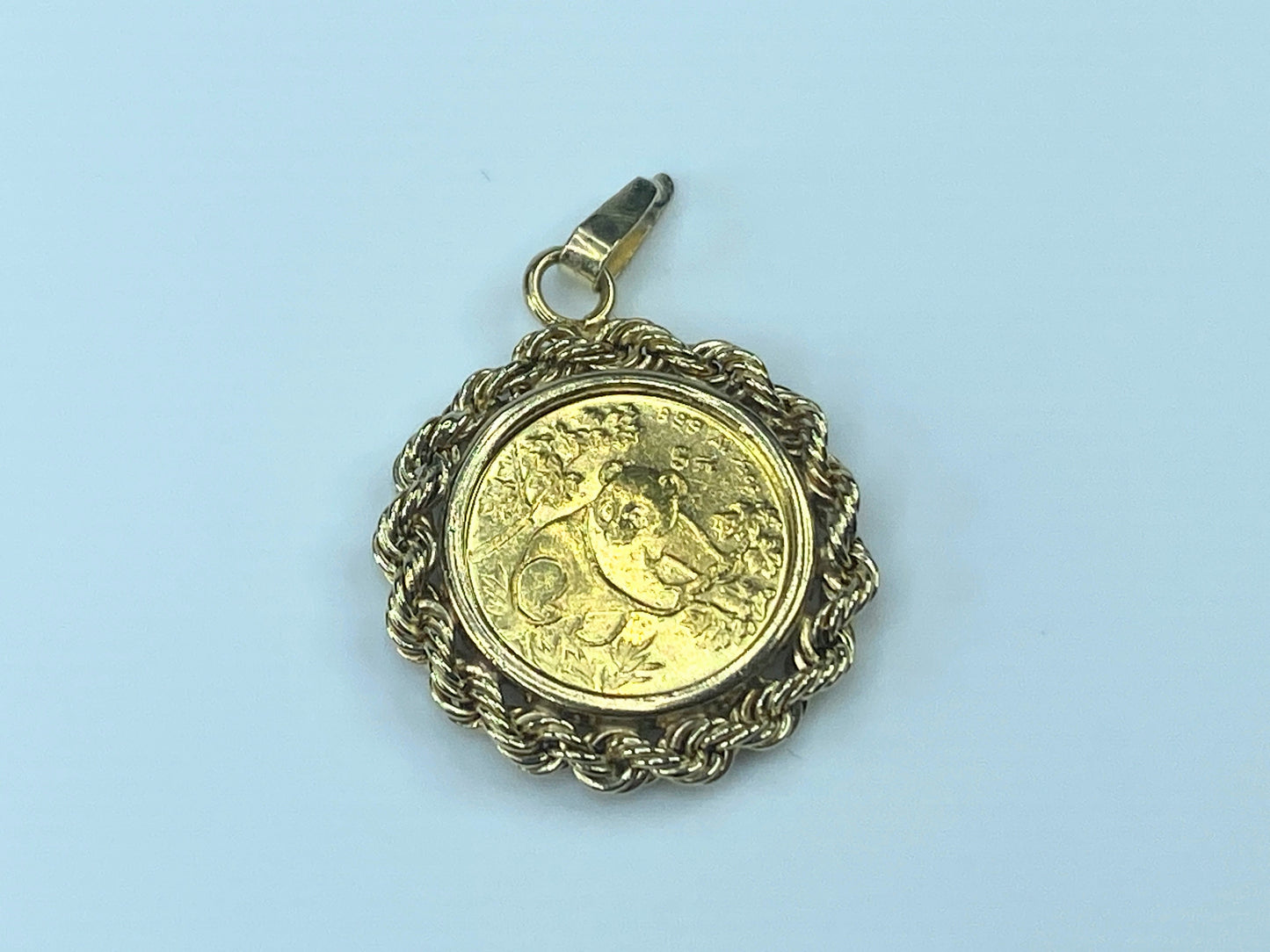 c1980 $5.0 1/20 oz 999.0 Panda coin in 14K Bamboo bezel