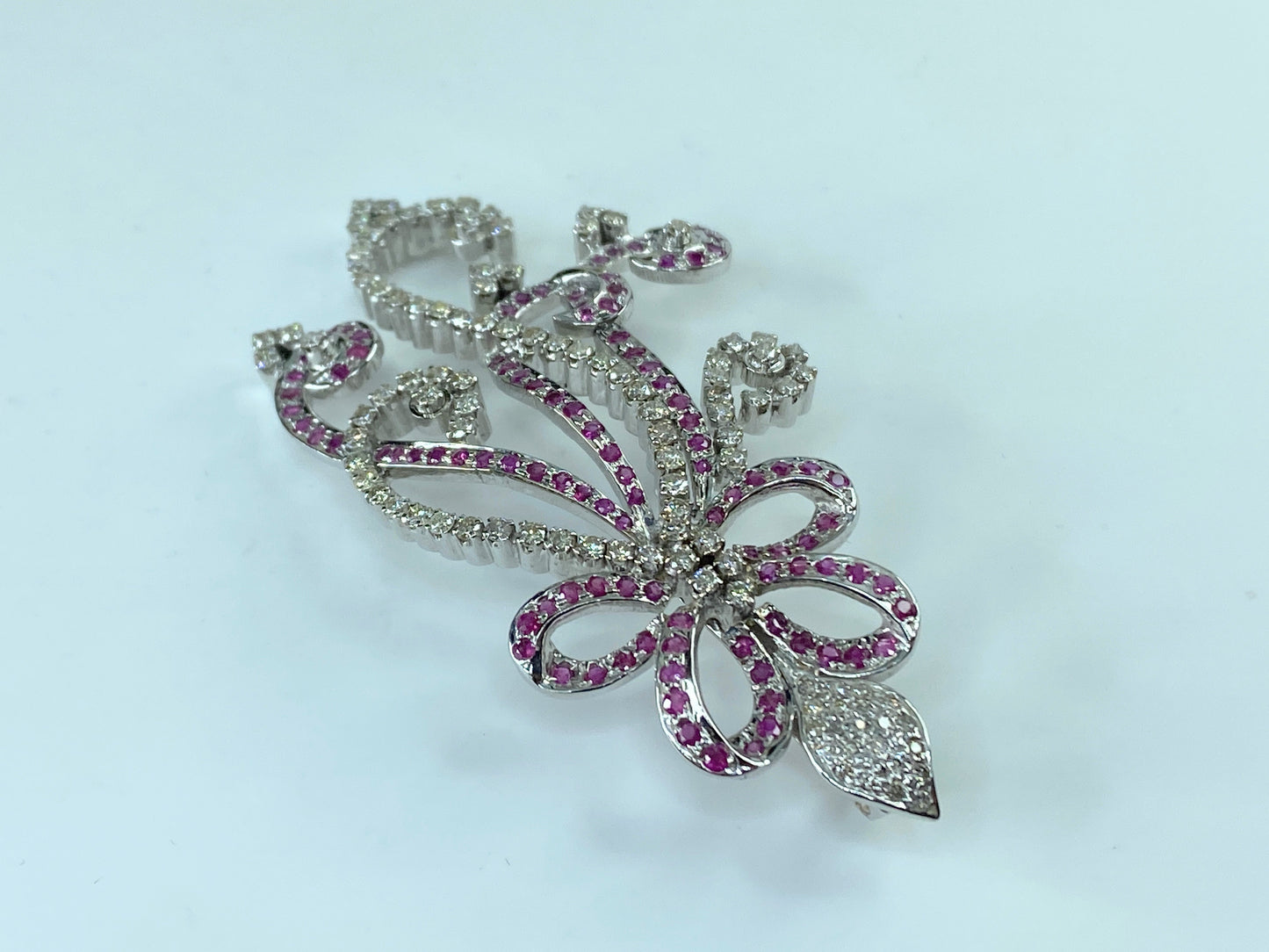 Appraised $12,9985 14K gold 8.0ct Ruby Diamond Ribbon Flower spray pendant JR218