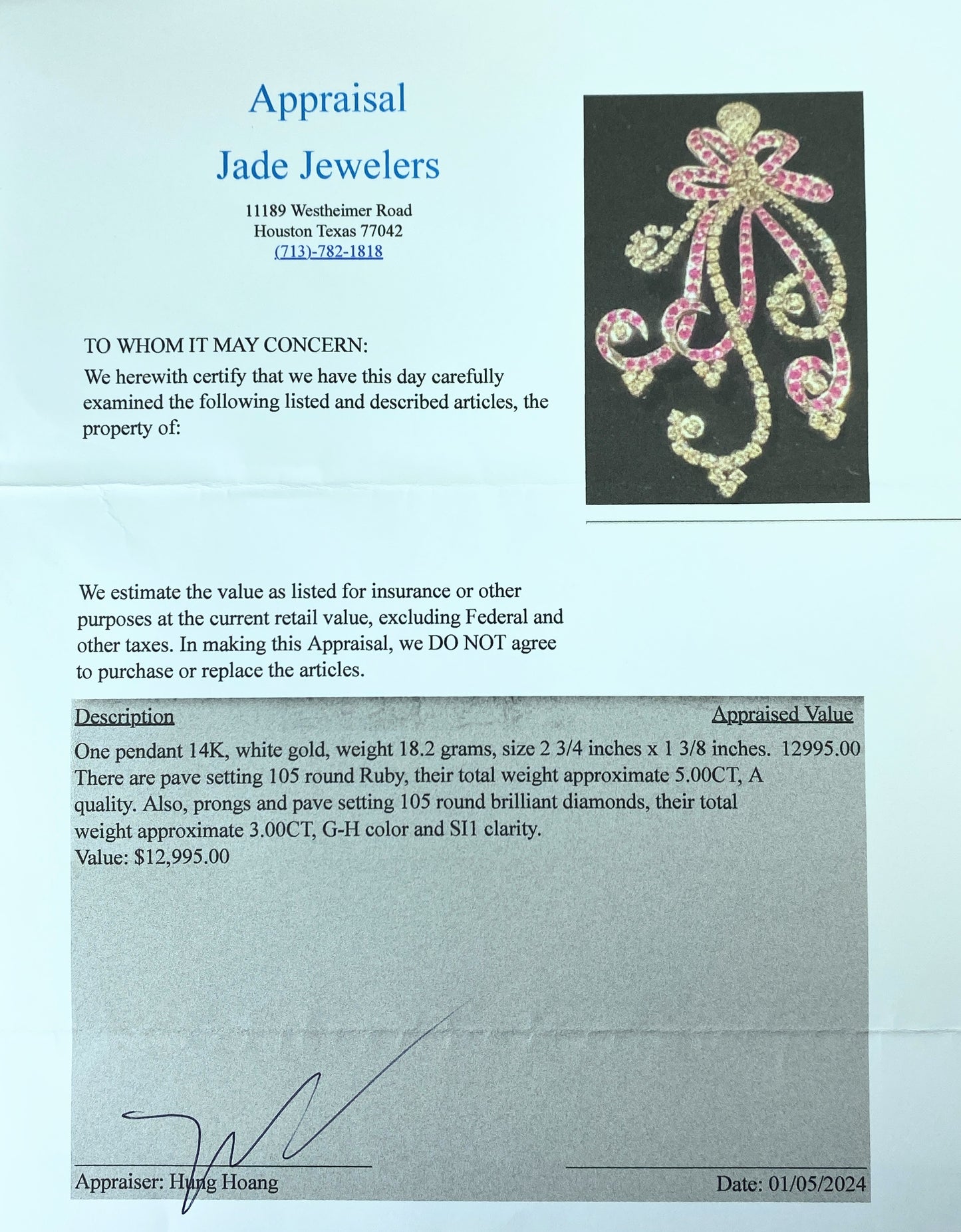 Appraised $12,9985 14K gold 8.0ct Ruby Diamond Ribbon Flower spray pendant JR218