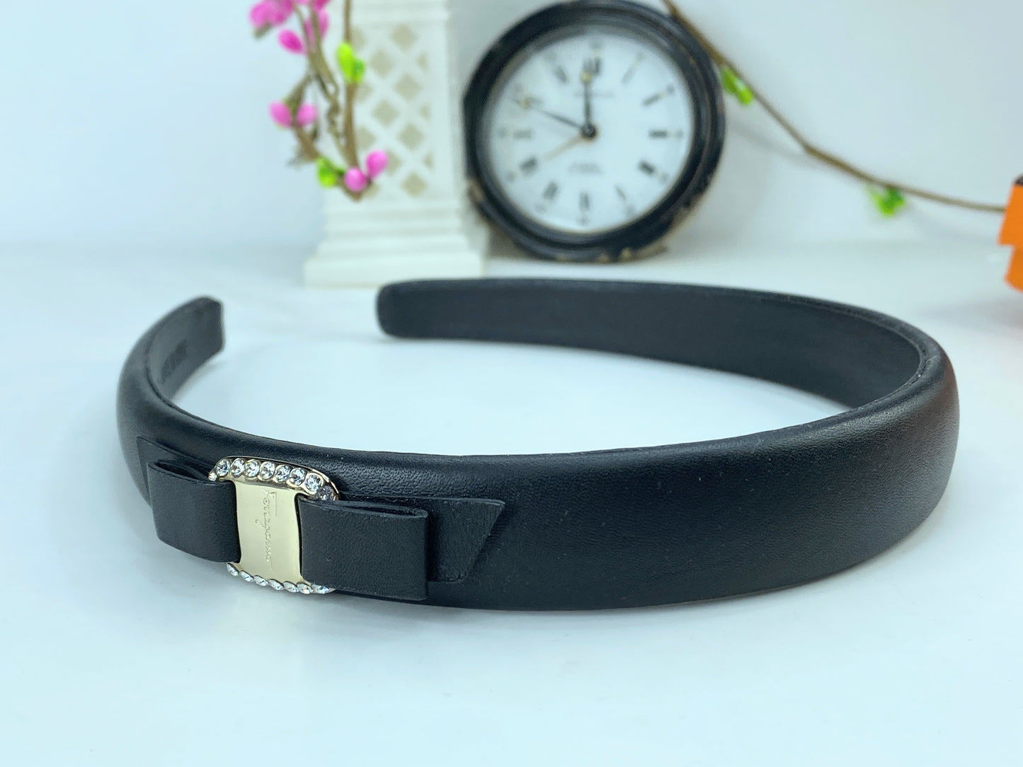 Salvatore Ferragamo Black Vara Bow Embellished Leather Silver headband GS580