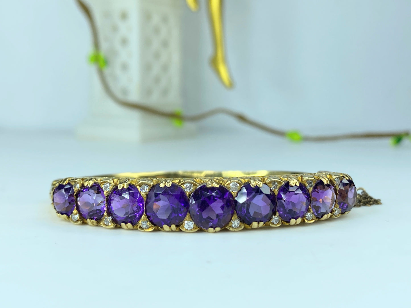 Appraised 6,995 14K Amethyst Old Euro cut Diamond hinged Art Deco bracelet JR221