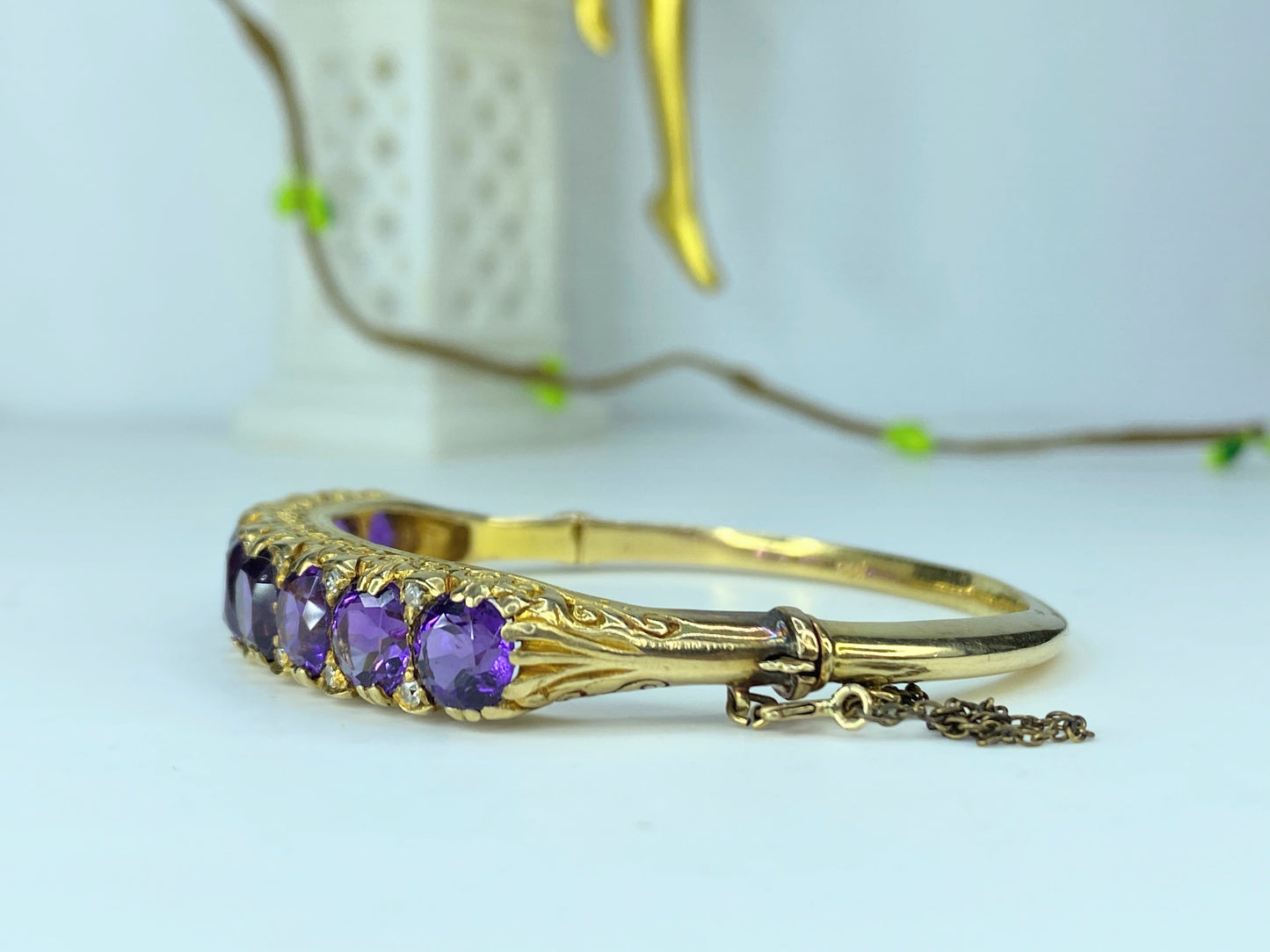 Appraised 6,995 14K Amethyst Old Euro cut Diamond hinged Art Deco bracelet JR221