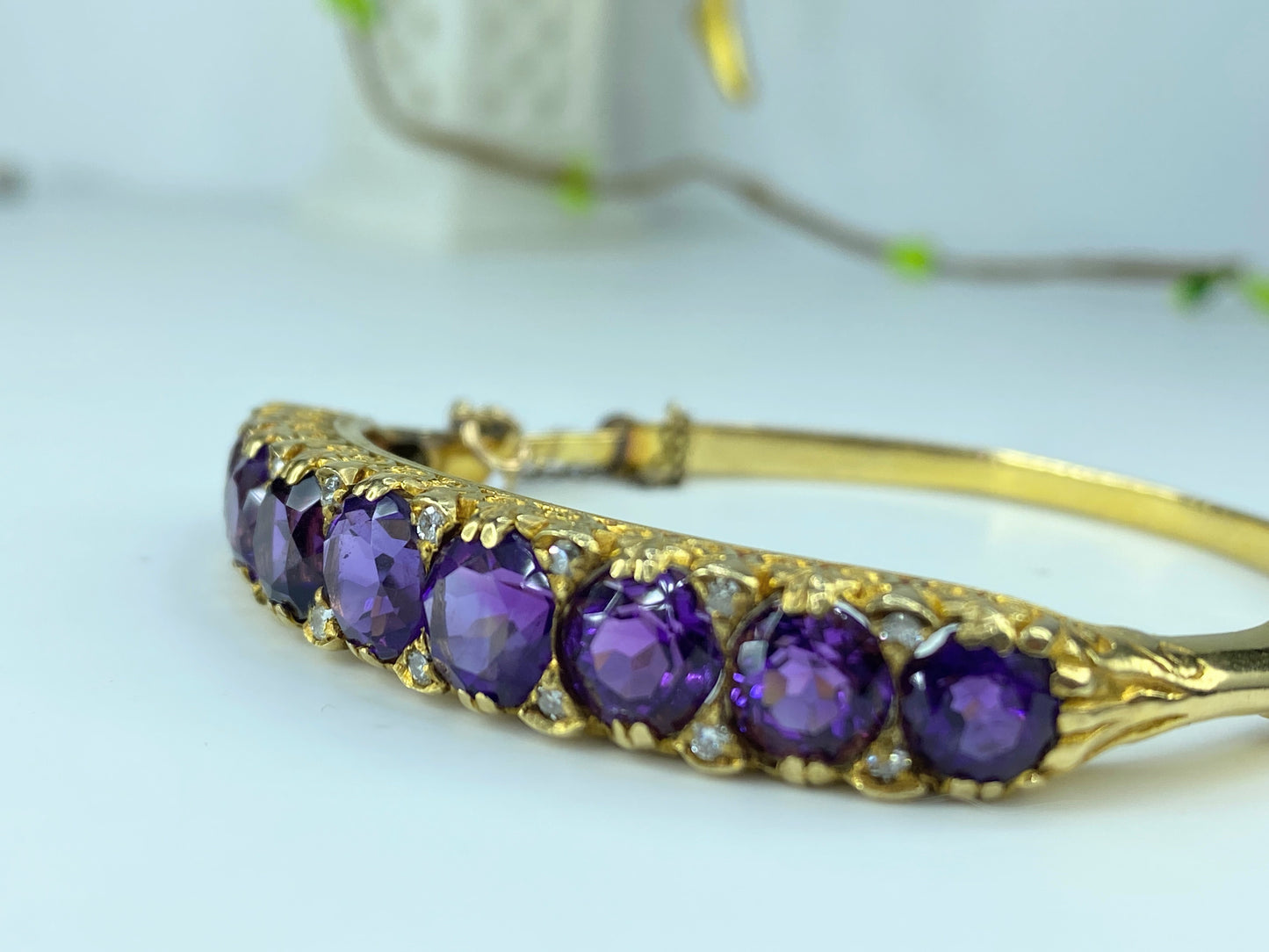 Appraised 6,995 14K Amethyst Old Euro cut Diamond hinged Art Deco bracelet JR221