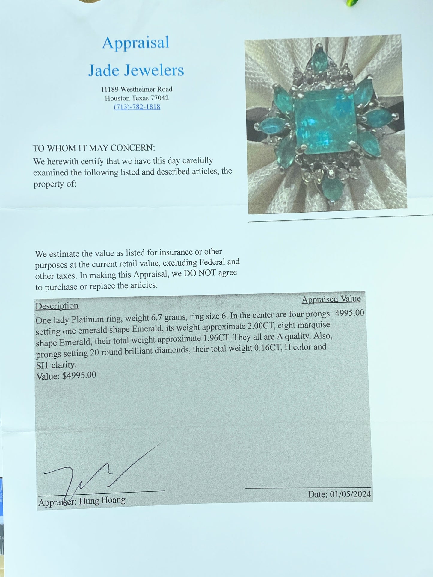 Appraised $4,995 Platinum 4.12ct Emerald Diamond statement ring 6.7g s6 JR222