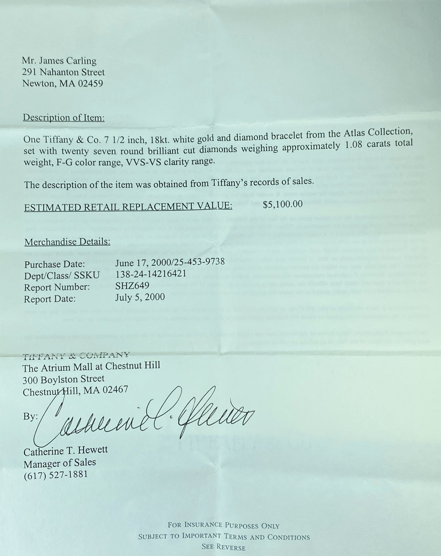 Tiffany & Co. 18K 1995 Atlas 1.08ct F/VVS round brilliant diamond bracelet JR223