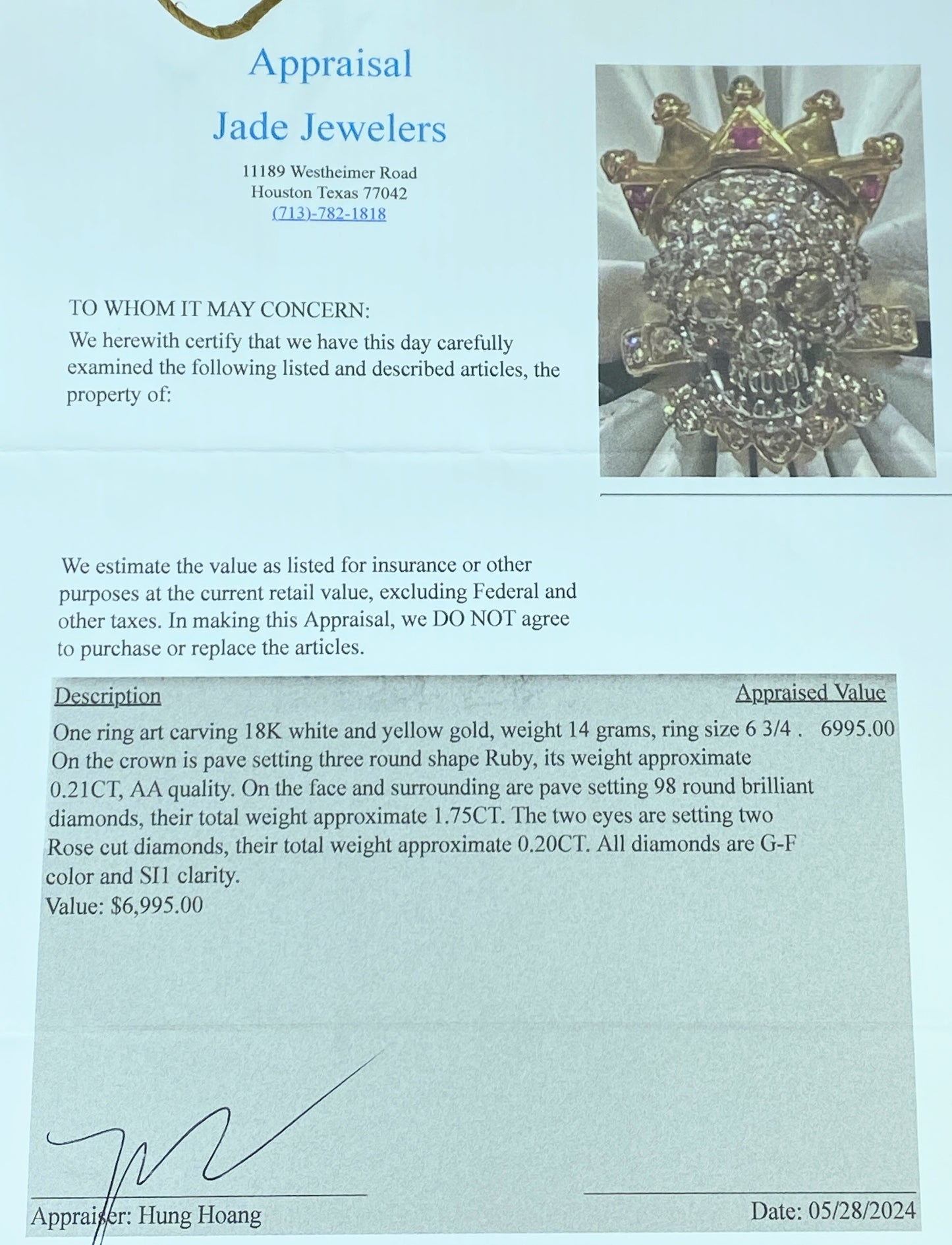 Appraised $6,995 18K gold 2.16ct Ruby Diamond 3D Skull with Crown ring JR224