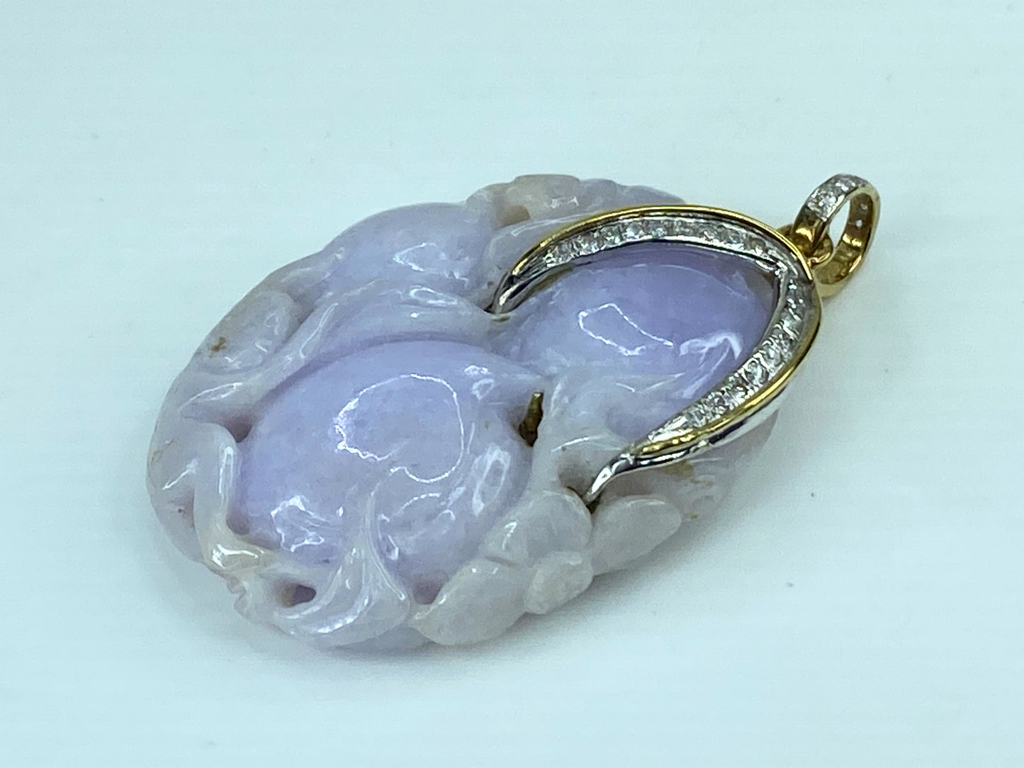 Certified 14K untreated 129ct Lavender Jadeite 0.4ct F/VS1 Diamond pendant JR225