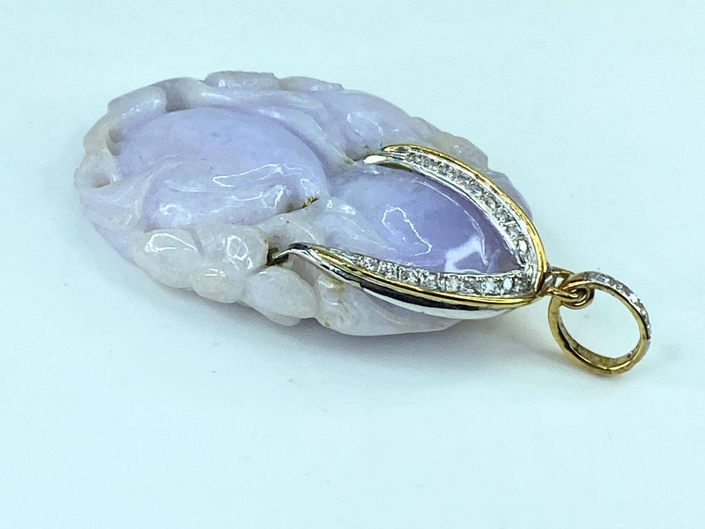 Certified 14K untreated 129ct Lavender Jadeite 0.4ct F/VS1 Diamond pendant JR225