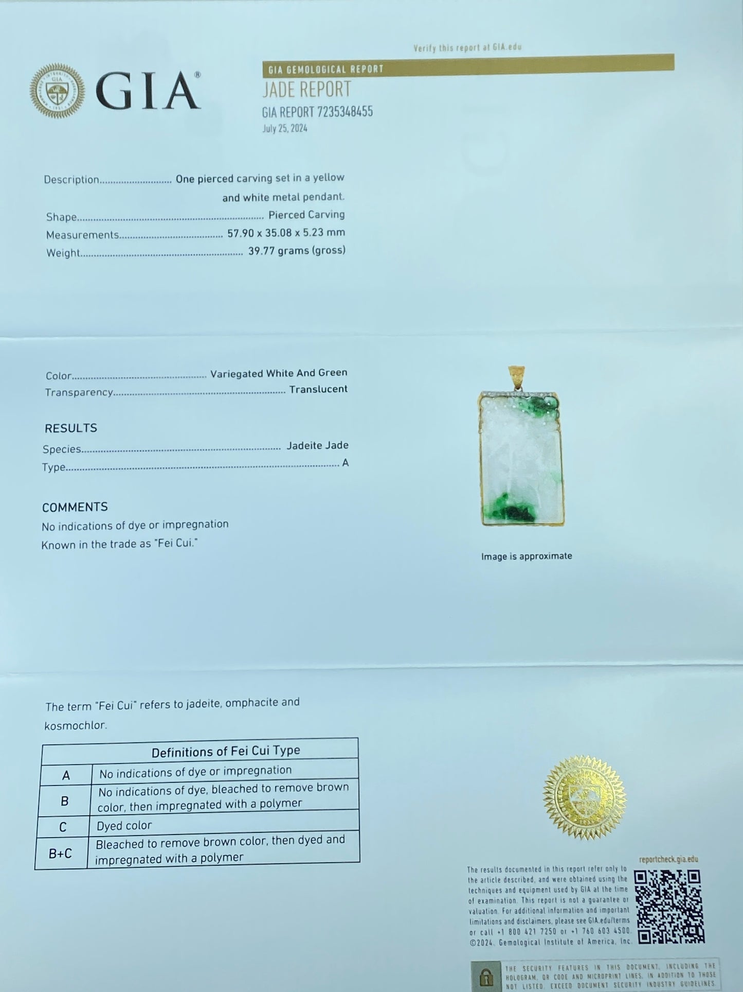 GIA-certified 14K Fei Cui "翡翠" Jadeite 0.37ct G/VS2 Diamond pendant 2.5" JR231