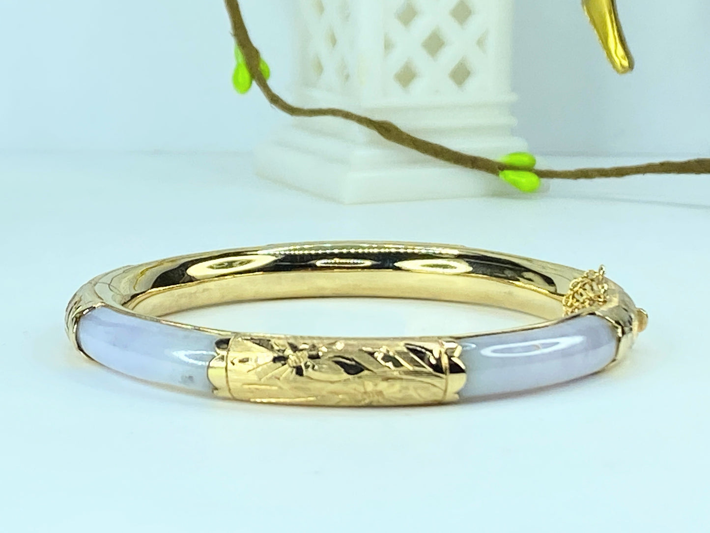 GIA certified 14K gold natural Lavender Jade hololith hinged bangle 7" JR228