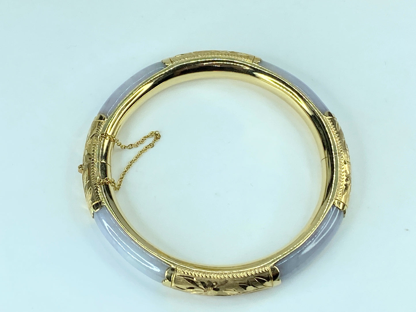 GIA certified 14K gold natural Lavender Jade hololith hinged bangle 7" JR228