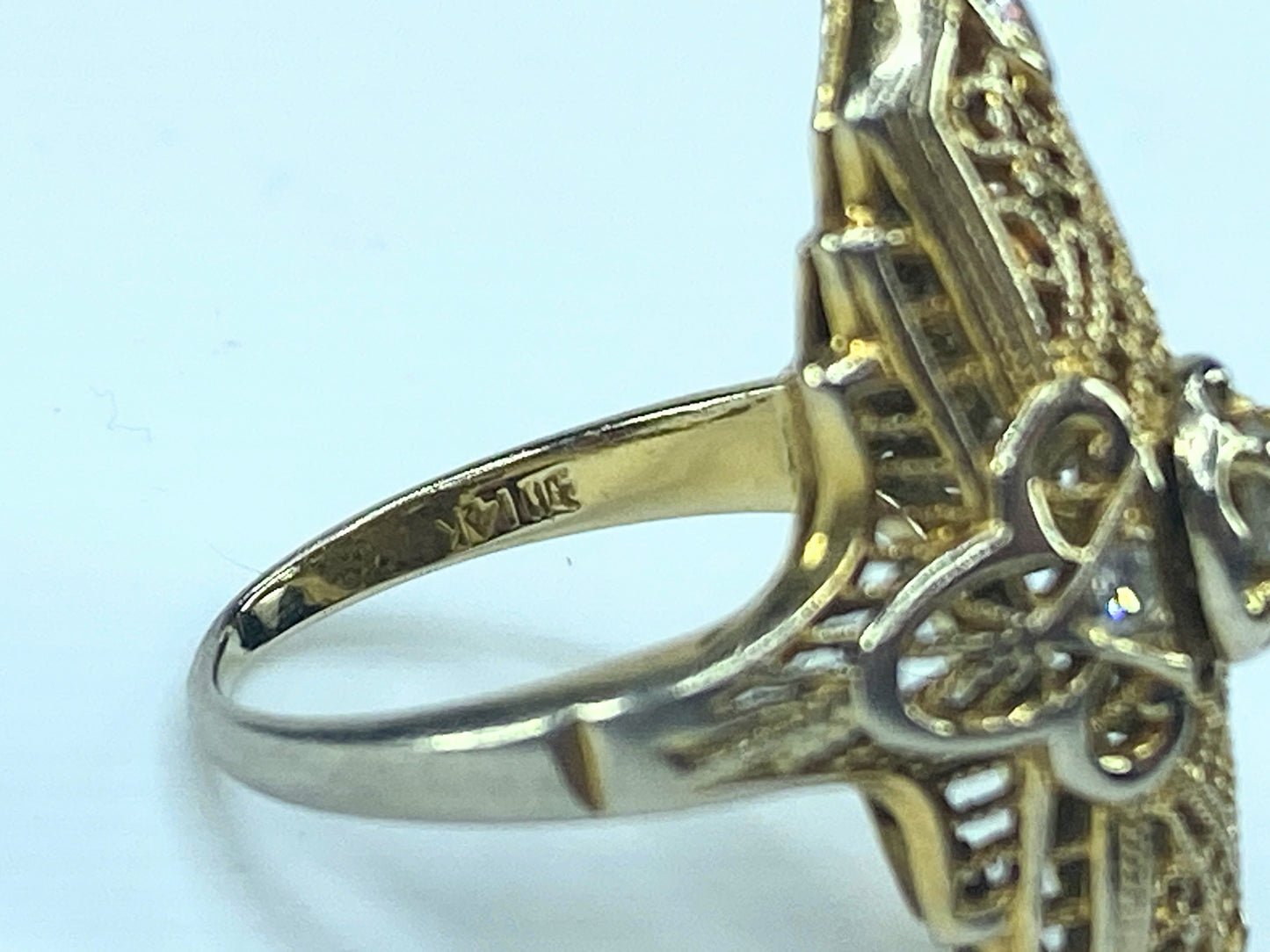Art Deco Filigree ring w/ 0.17ct Old European cut Diamond in 14k gold