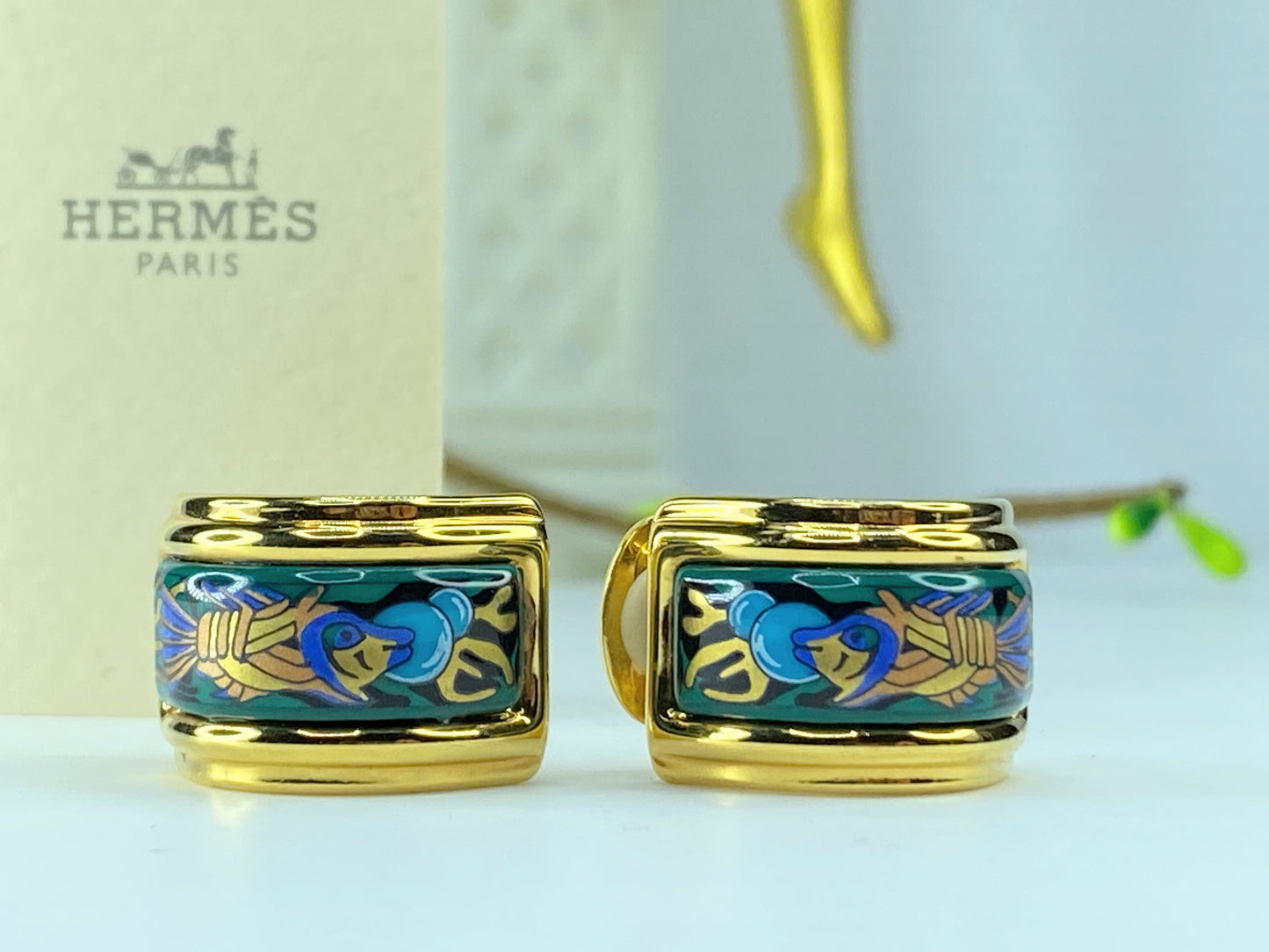 Hermès Enamel Fish Green Blue Turquoise Clip-On Earrings GS242