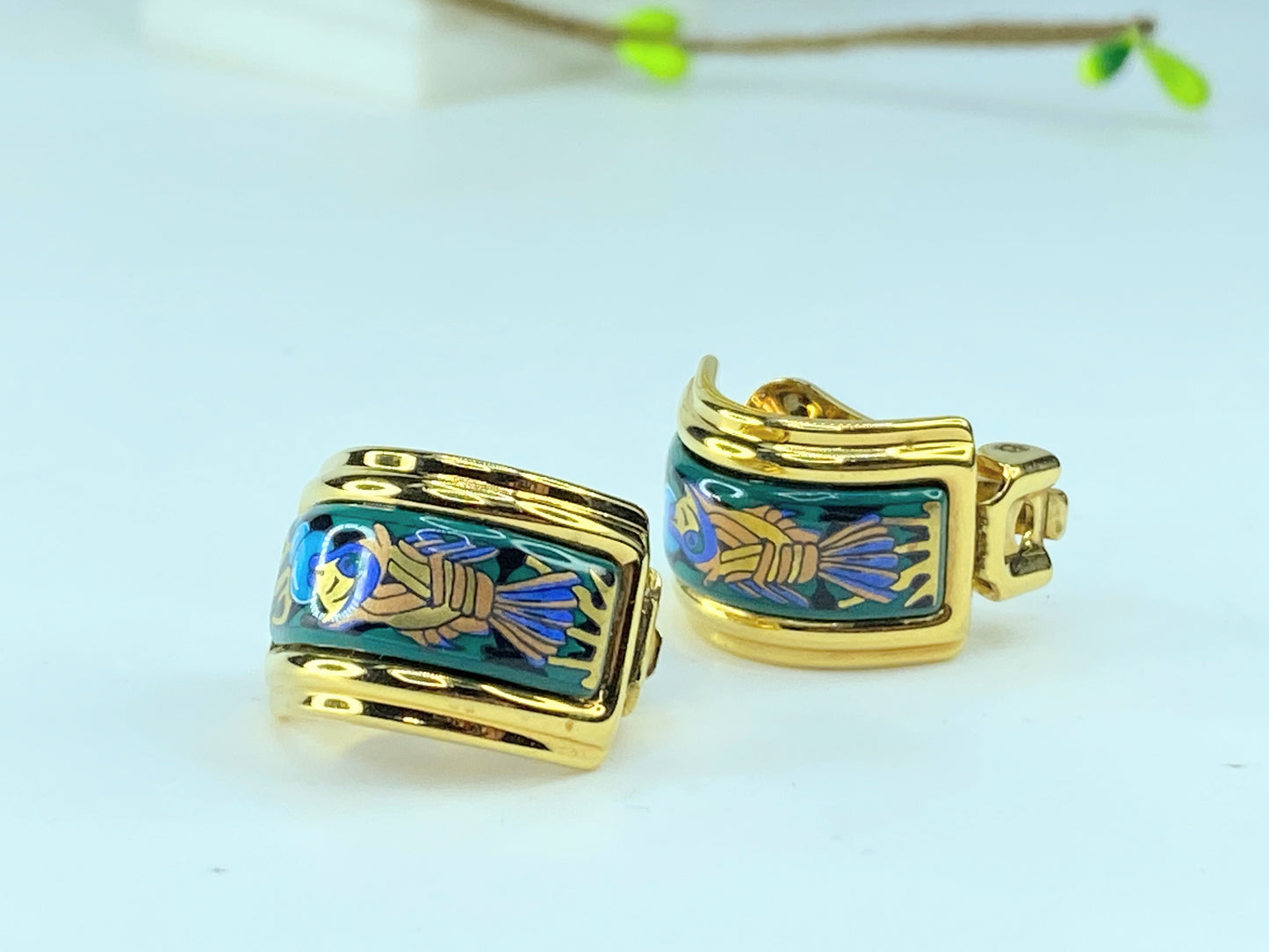 Hermès Enamel Fish Green Blue Turquoise Clip-On Earrings GS242