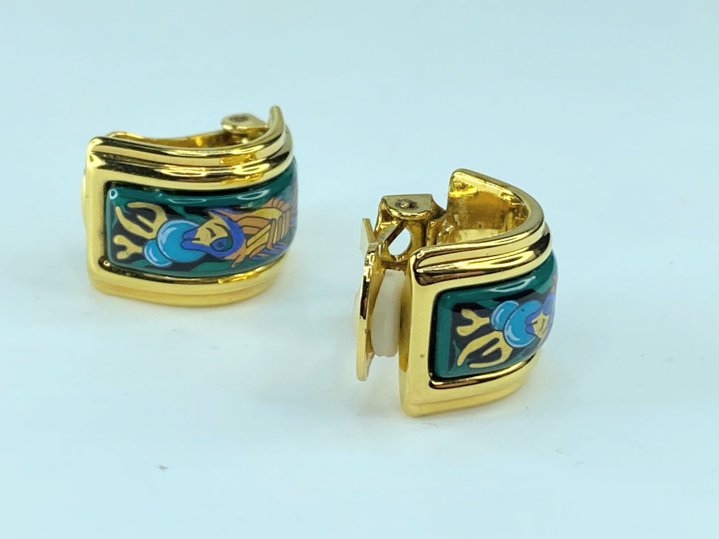 Hermès Enamel Fish Green Blue Turquoise Clip-On Earrings GS242