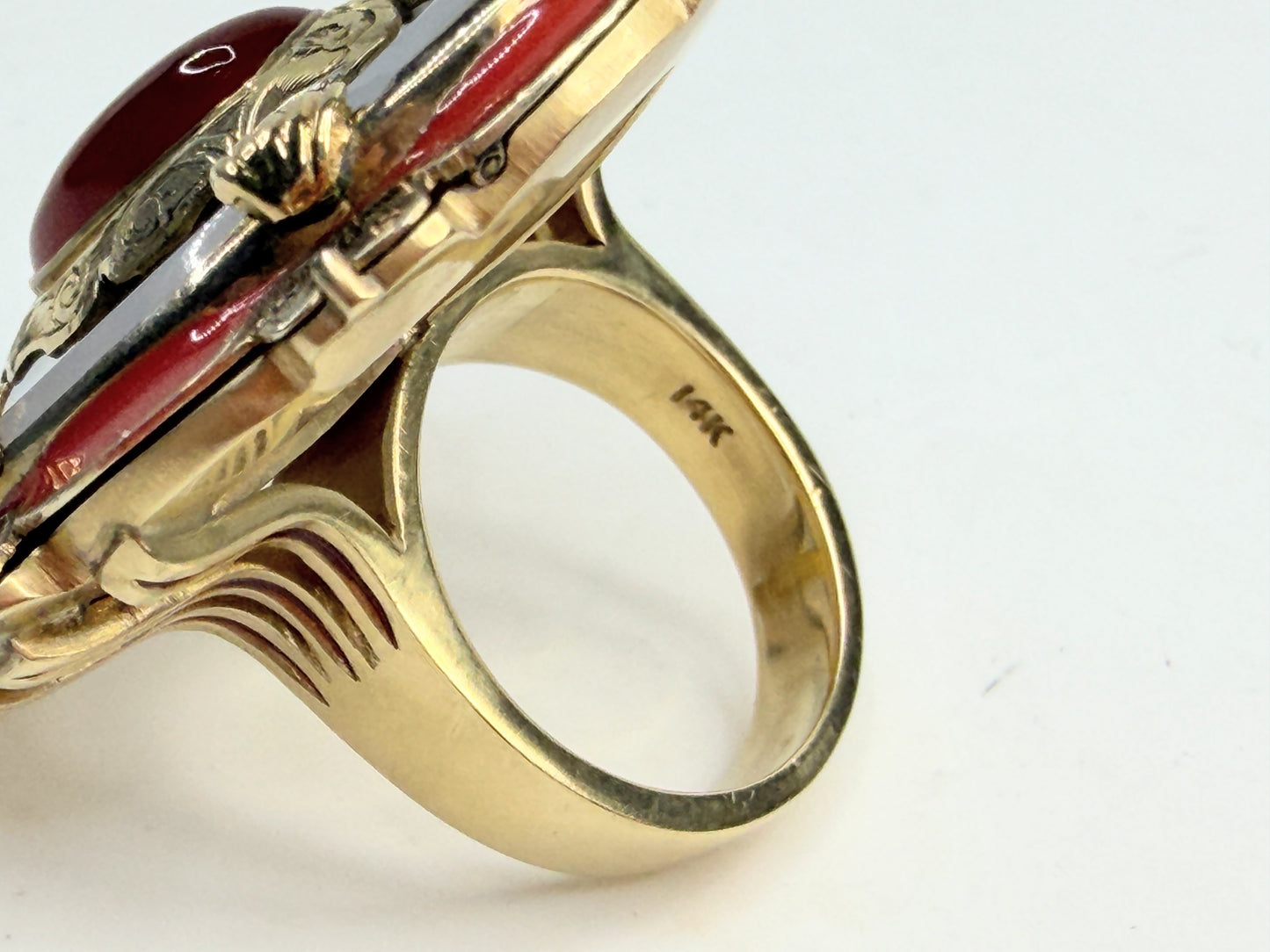 Vintage 14K Gold Orange Jade Chalcedony Enamel Statement Ring JR1379